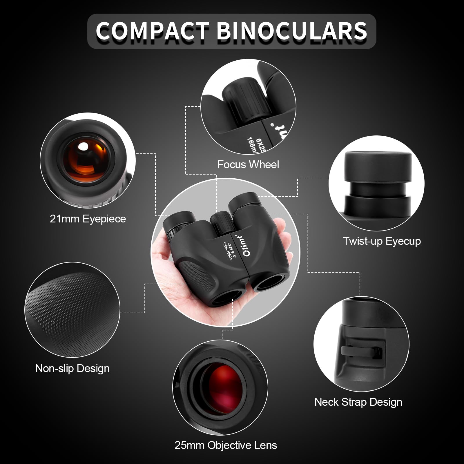 6X25 Compact Binoculars, Bak-4 Prism 9.5 Wide Field Of View 21Mm Eyepiece With Ed Lens, Black