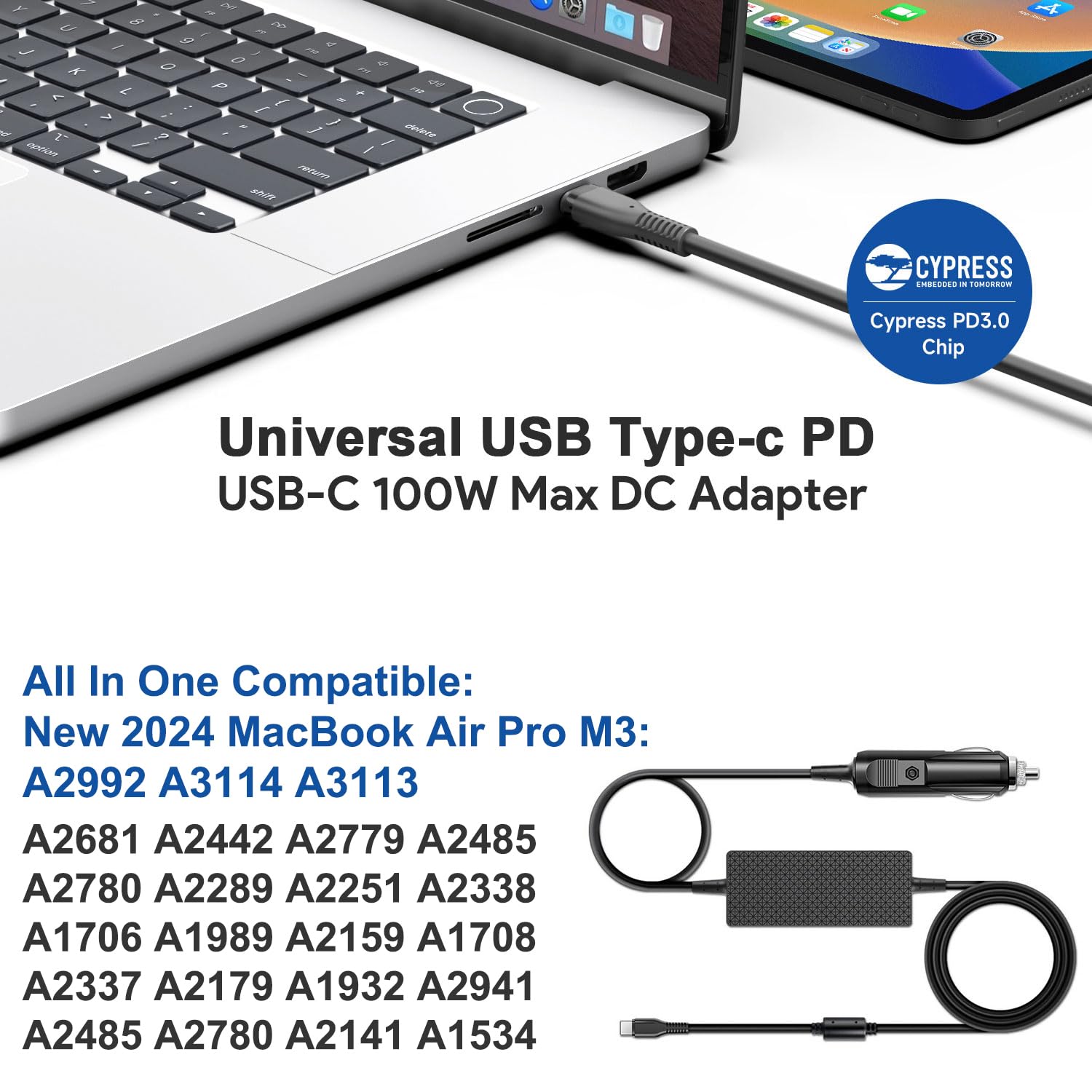 Hky Pd 100W 96W 90W 87W 70W 67W 61W Usb C Laptop Car Charger Dc 12V 24V Travel Adapter For 2022 2021 Macbook Pro 16''15''14'',Ma