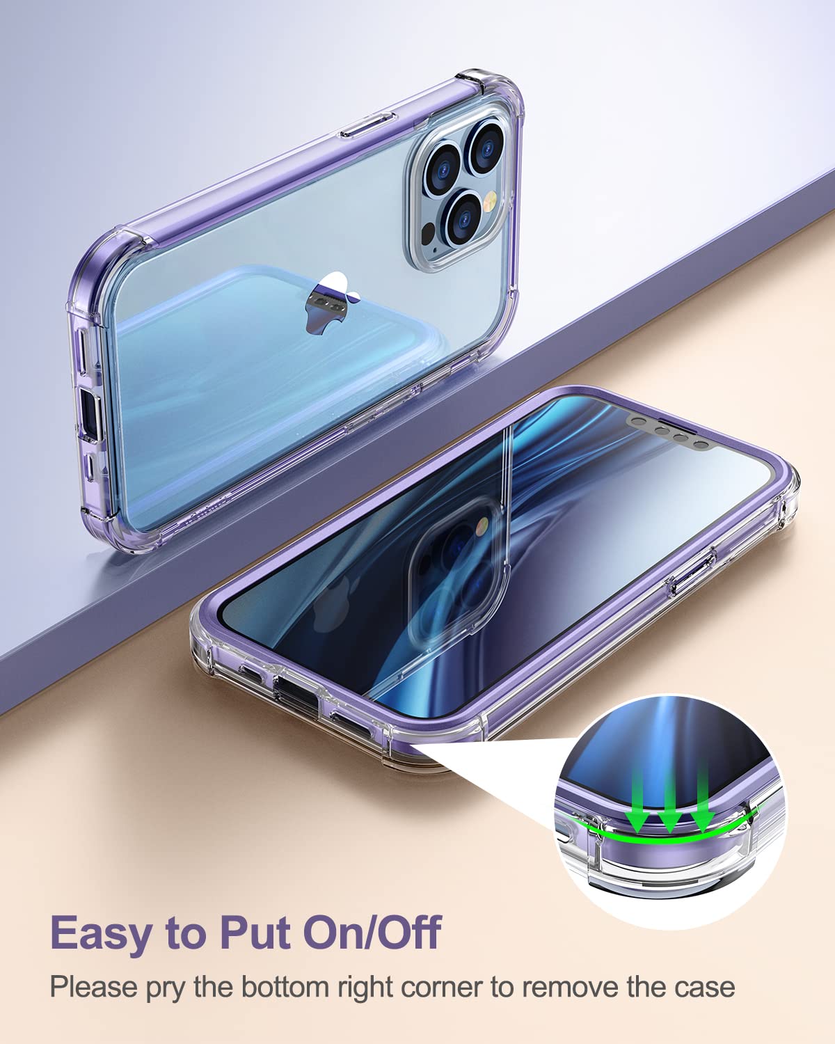 SURITCH iPhone 13 Pro Max Clear Case with Built-in Screen Protector, Lavender Blue, Full Body Protection, Shockproof Bumper Cover