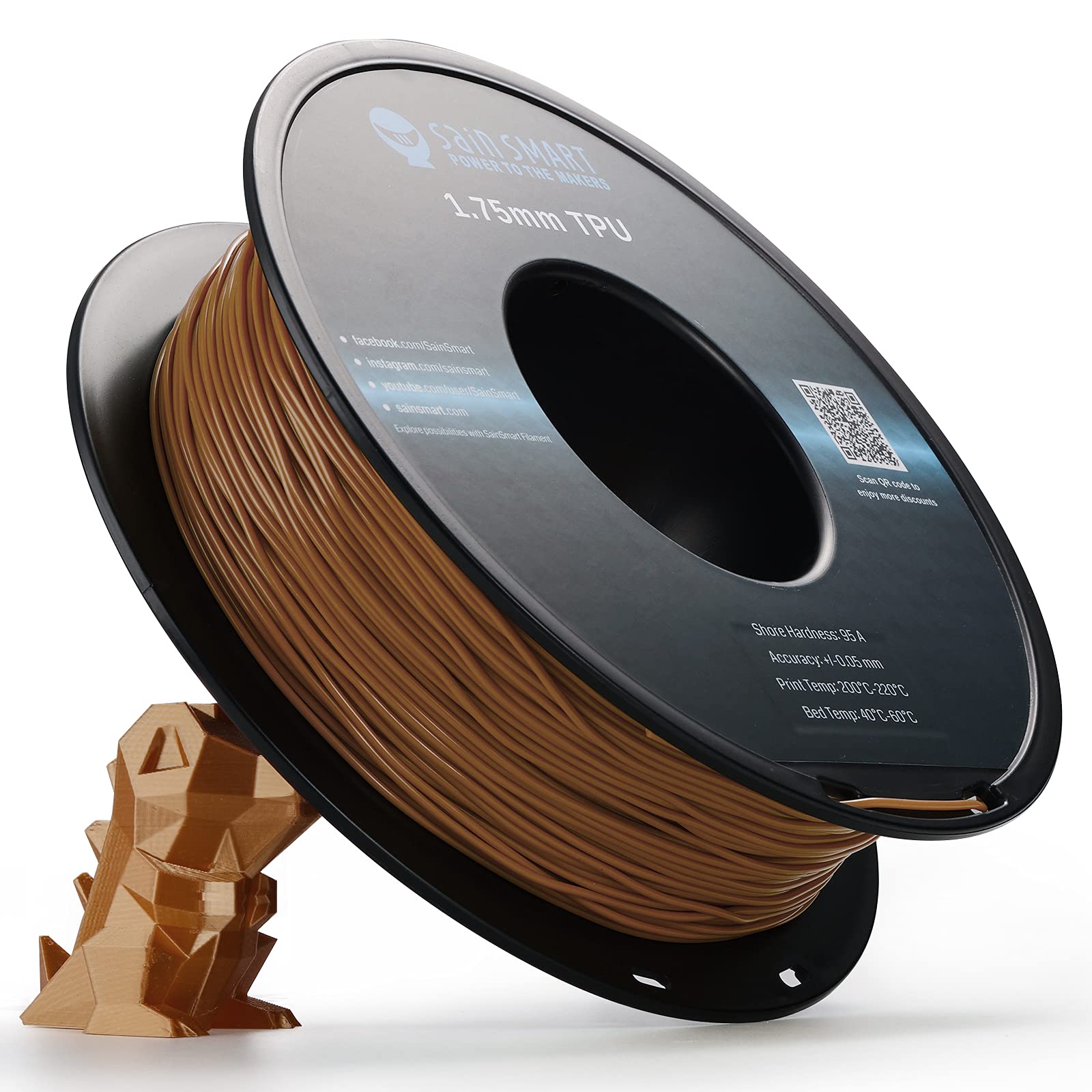 Sainsmart Caramel Flexible Tpu 3D Printing Filament, 1.75Mm, 0.8Kg, +/-0.05Mm Dimensional Accuracy