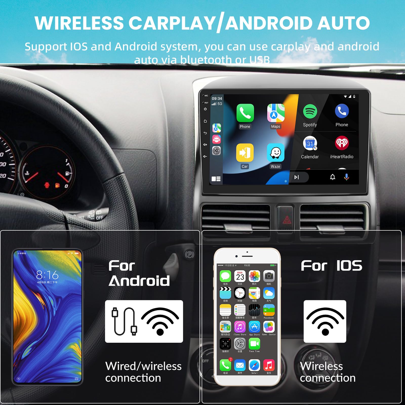 2G+64G Car Radio Stereo With Hifi Audio For Honda Crv 2002 2006, Wireless Carplay/Android Auto 9 Inch Hd Touch Screen Android 13 Gps Wifi Bluetooth Fm/Rds Hd Backup Camera