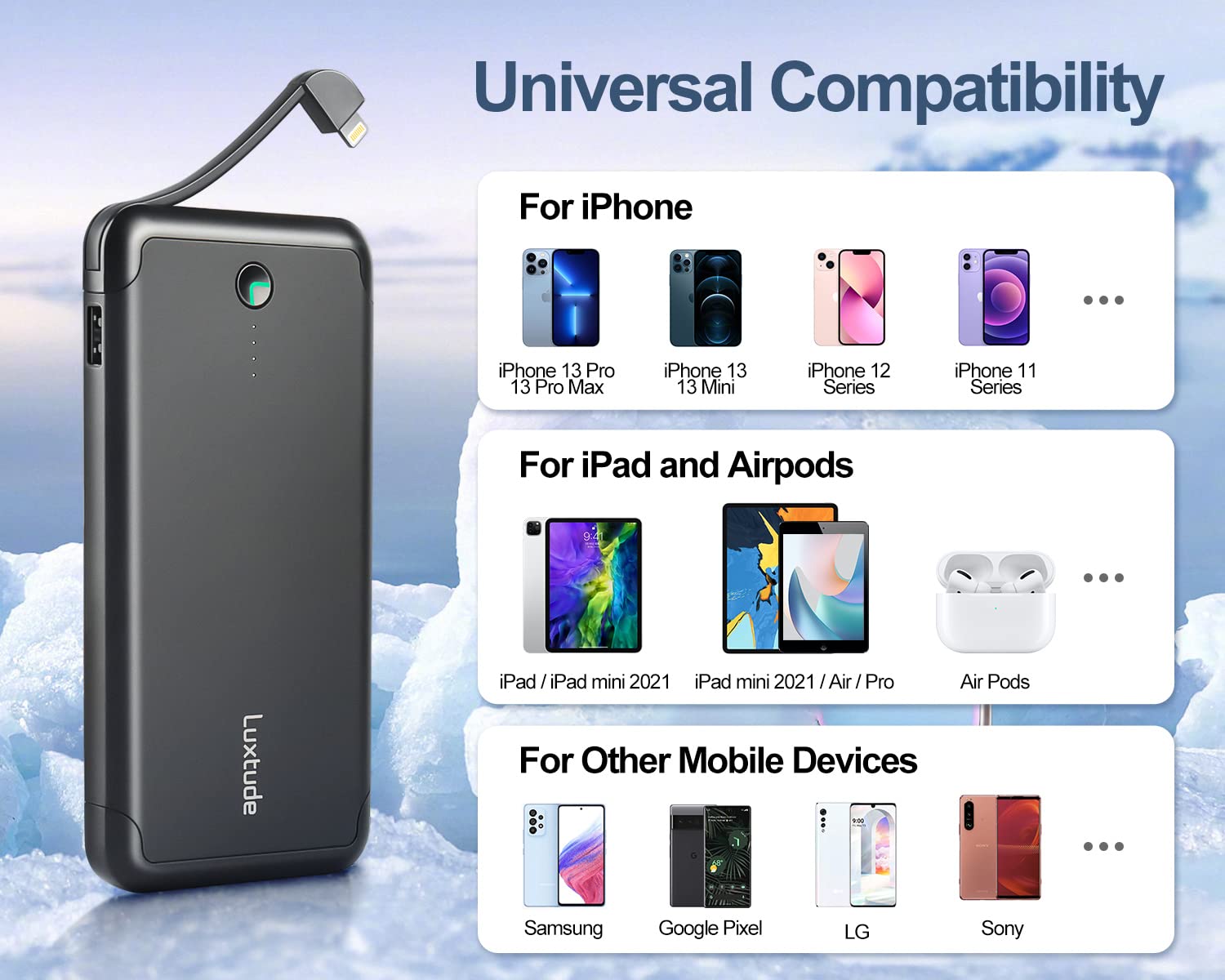 Luxtude 10000Mah Portable Charger For Iphone Built-In Lightning Cable, Mfi Apple Certified Slim Power Bank Portable Phone Charge