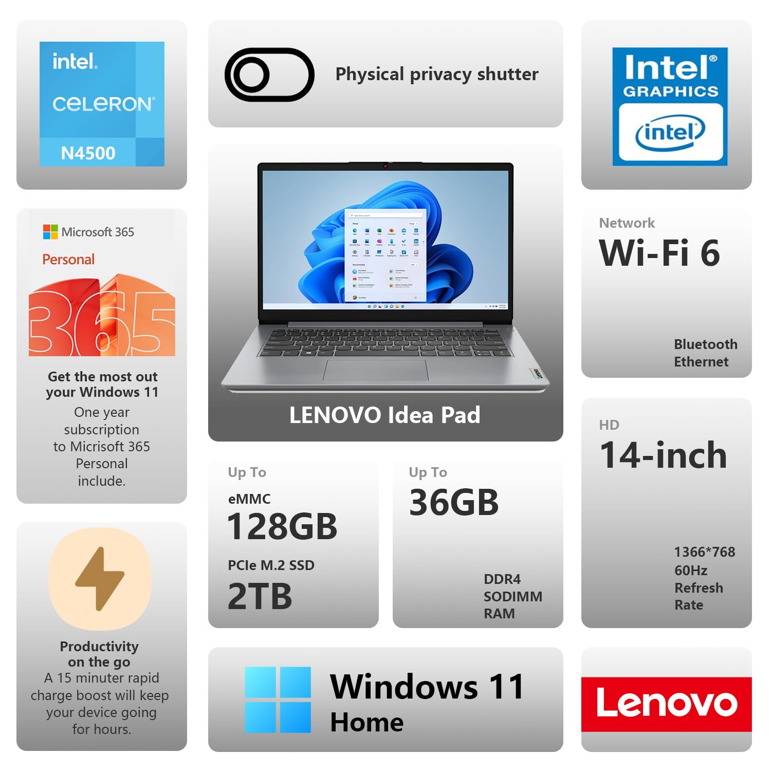 Lenovo Ideapad 1 Daily/Student 14 Hd Laptop, 12Gb Ram, 704Gb Storage(128Gb Emmc + 512Gb Pcie + 64Gb Usb), 1 Yr Office 365, Intel