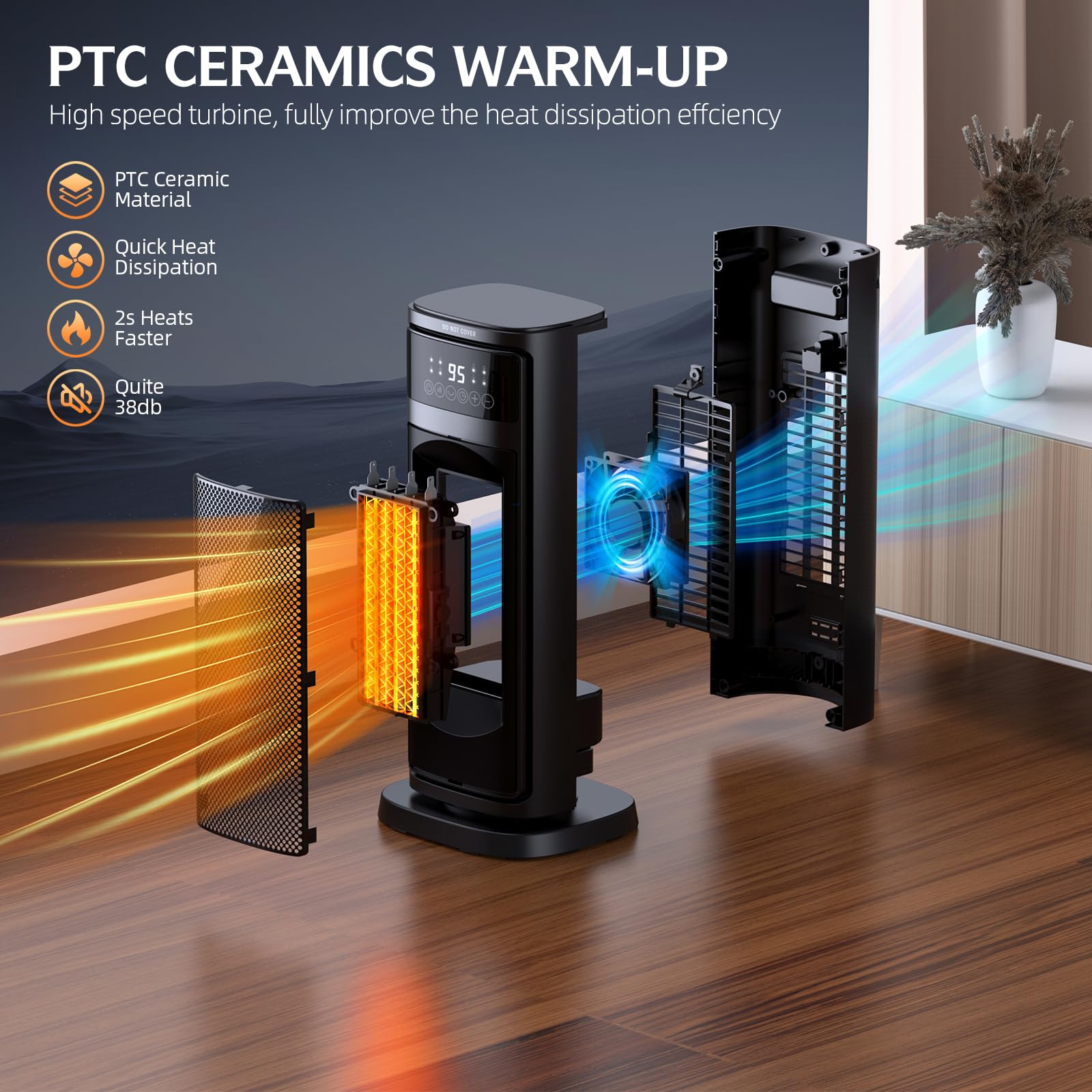 Giofxy Indoor Space Heater, 1 12H Timer, Digital Display, 70Oscillation, Ptc Ceramic Electric Heating 1500W, Suitable For Office