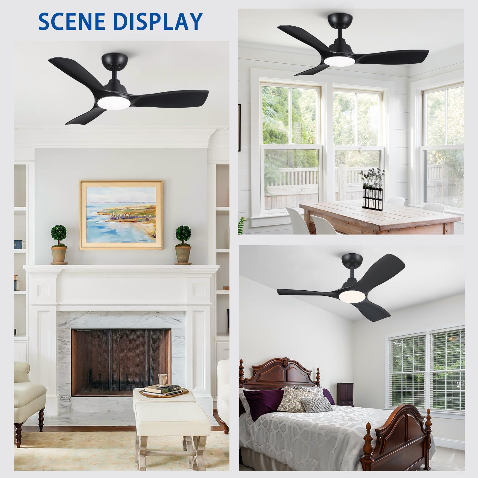 42 Inch Ceiling Fans With Lights And Remote Control,Black Ceiling Fan With 3 Blades,Downrod,6 Speed Reversible Dc Motor,3Cct Dim
