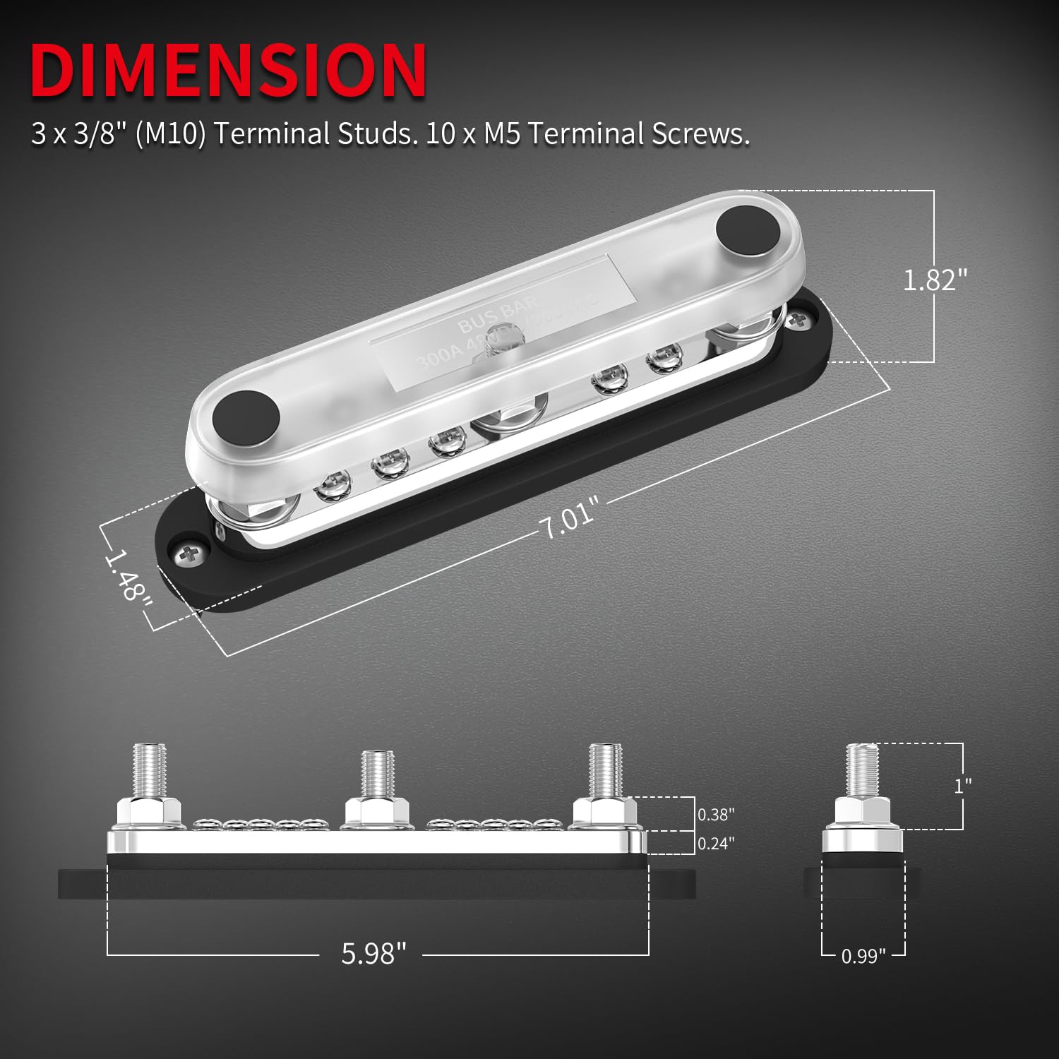 Daiertek 300A Copper Bus Bar 12V, Power Distribution Block With Cover 3 X 3/8    M10 Studs & 10 X M5 Terminal Screws For Car Mar