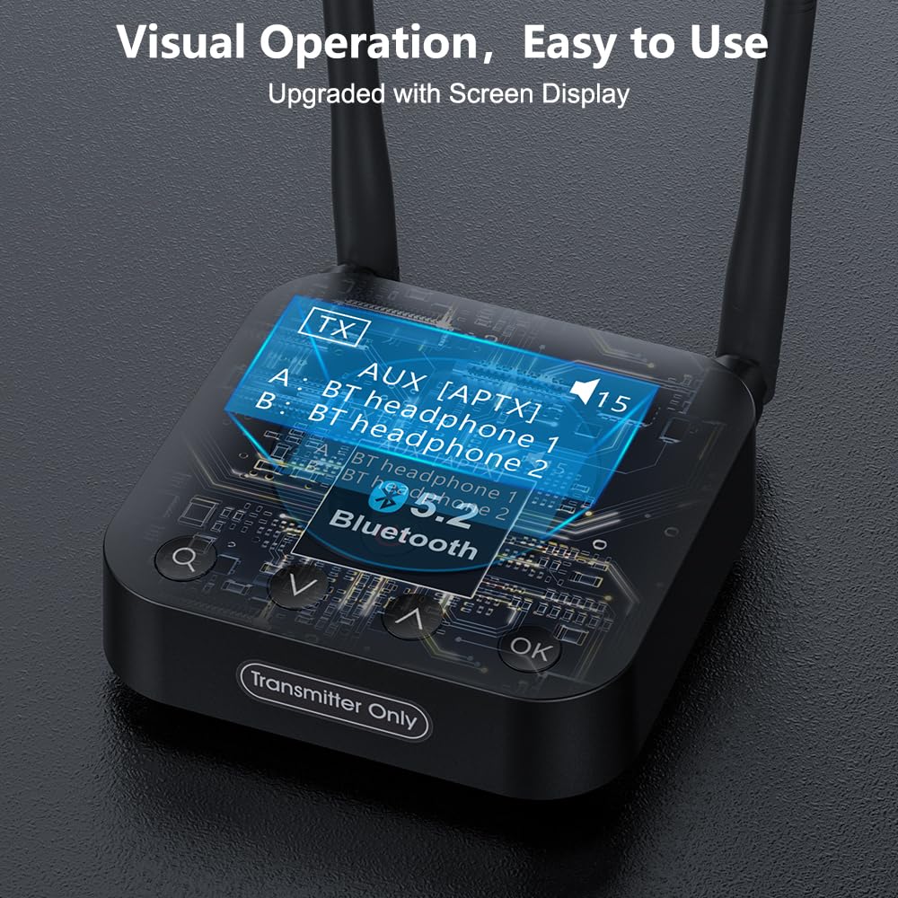 1Mii B06Tx+ Long Range Bluetooth 5.2 Transmitter For Tv/Pc To 2 Wireless Headphones/Speakers, Bluetooth Adapter For Tv W/Screen