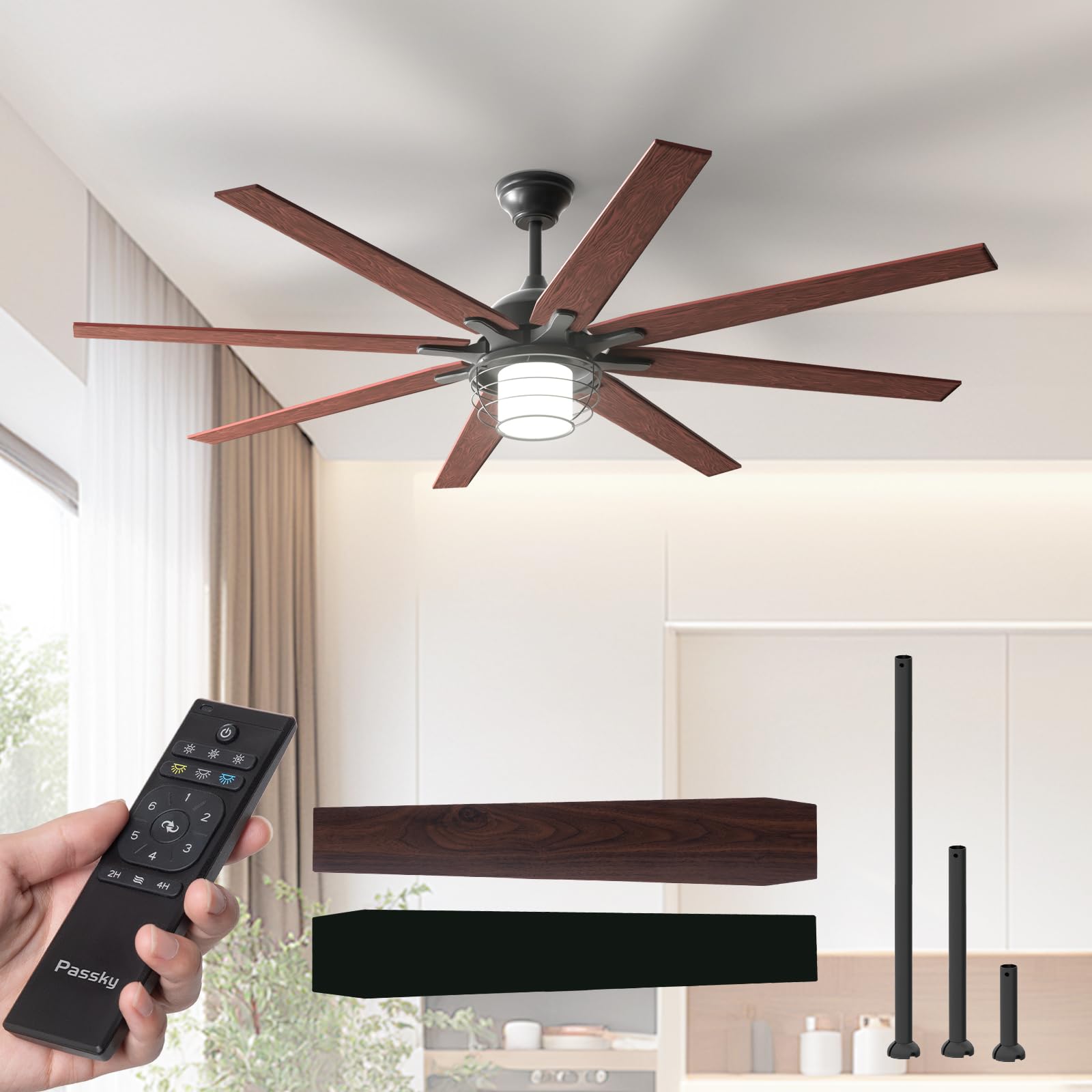 Passky Ceiling Fans with Lights, 72 inch Black Ceiling Fan with Light and Remote Control, Reversible, Dimmable, 3CCT, Quiet, Cag