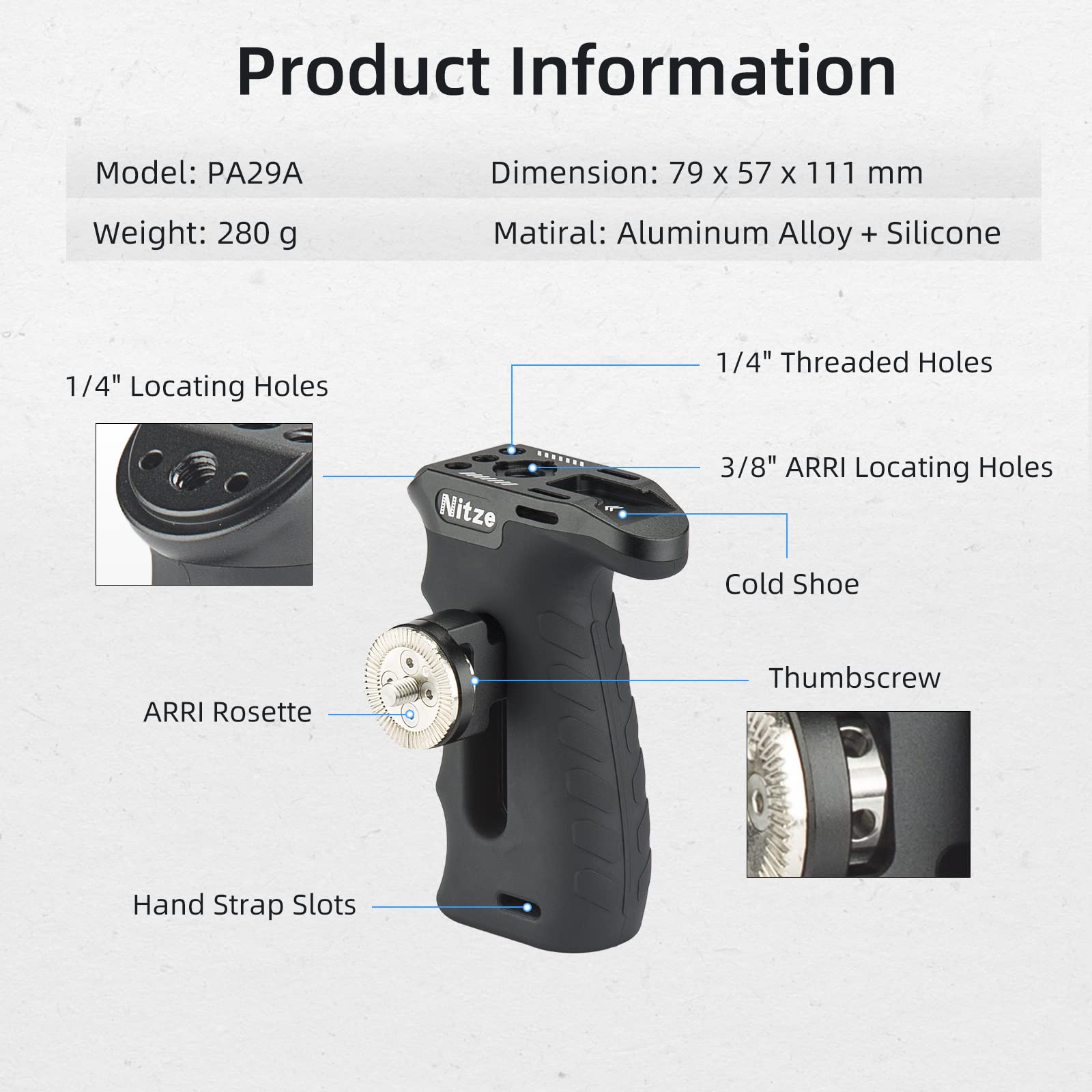 Nitze Ergonomic Rosette Side Handle With Rosette For Arri, Up/Down And Left/Right Adjustable, Rubberized Aluminum Camera Side Handle For Camera/Monitor Cages   Pa29A