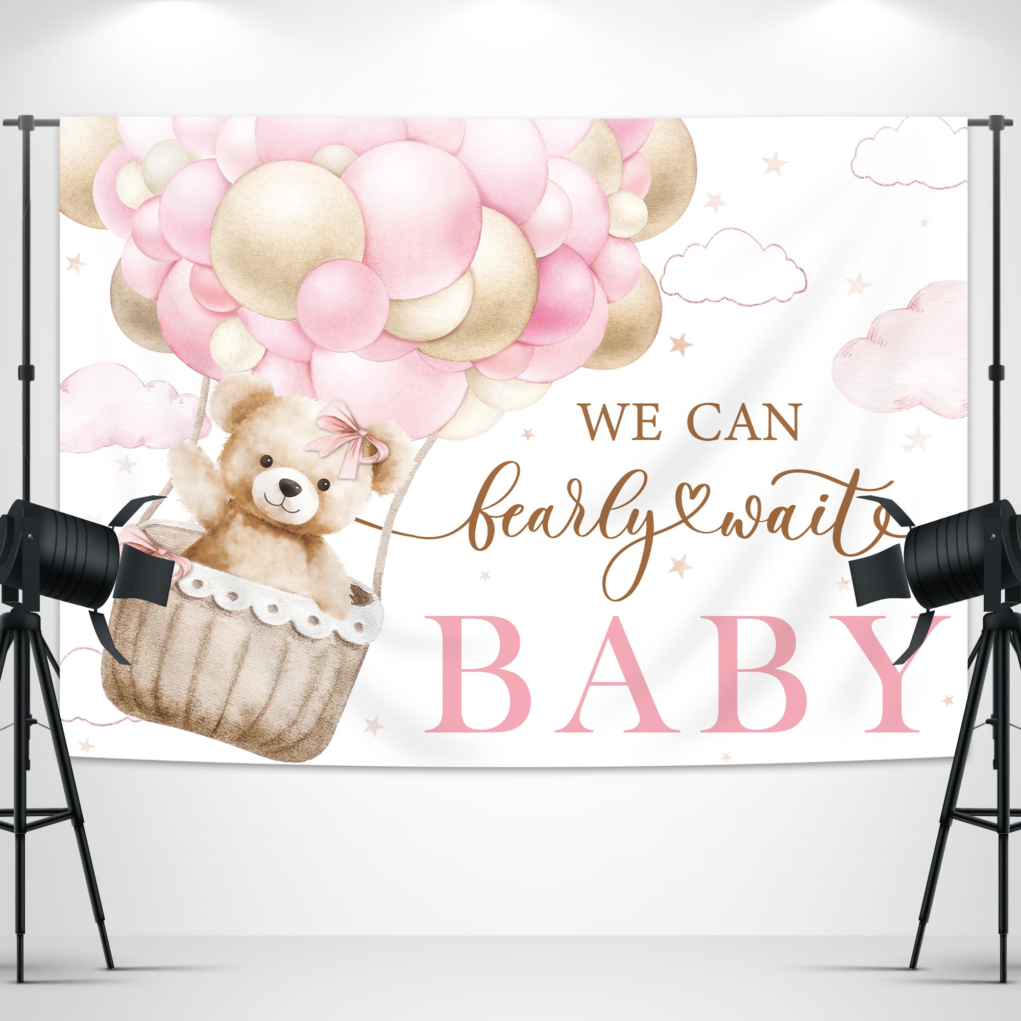 Glawry We Can Bearly Wait Baby Shower Decorations Backdrop For Photography 7Wx5H Feet Pink Cute Cartoon Bear Animal Hot Air Ball
