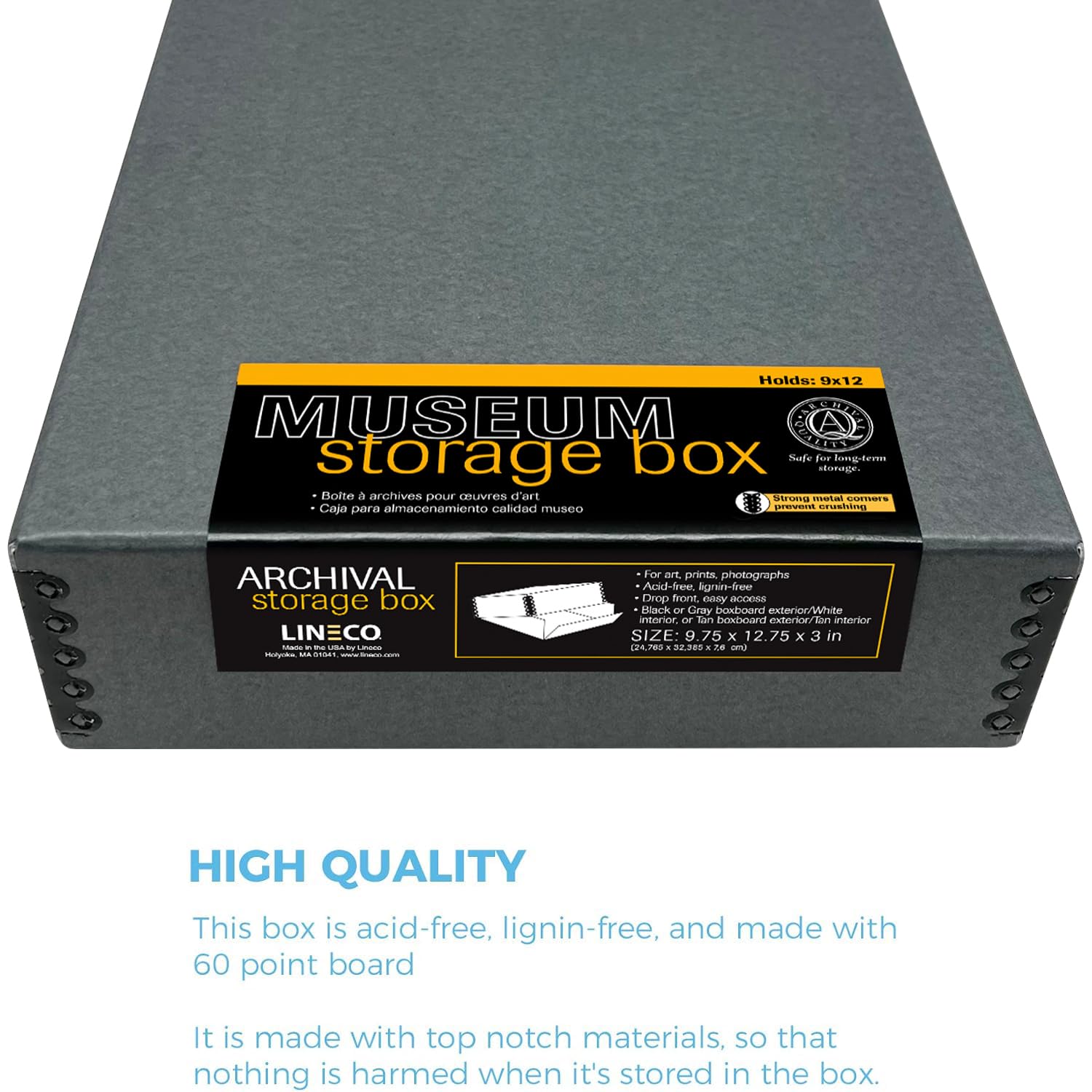 Lineco Museum Archival Storage Box, 9.75X12.75X3 In. Drop Front Design. Acid Free With Metal Edge. Organize Photos, Pictures, Prints, Documents, Crafts, Diy. Gray, 2 Pack
