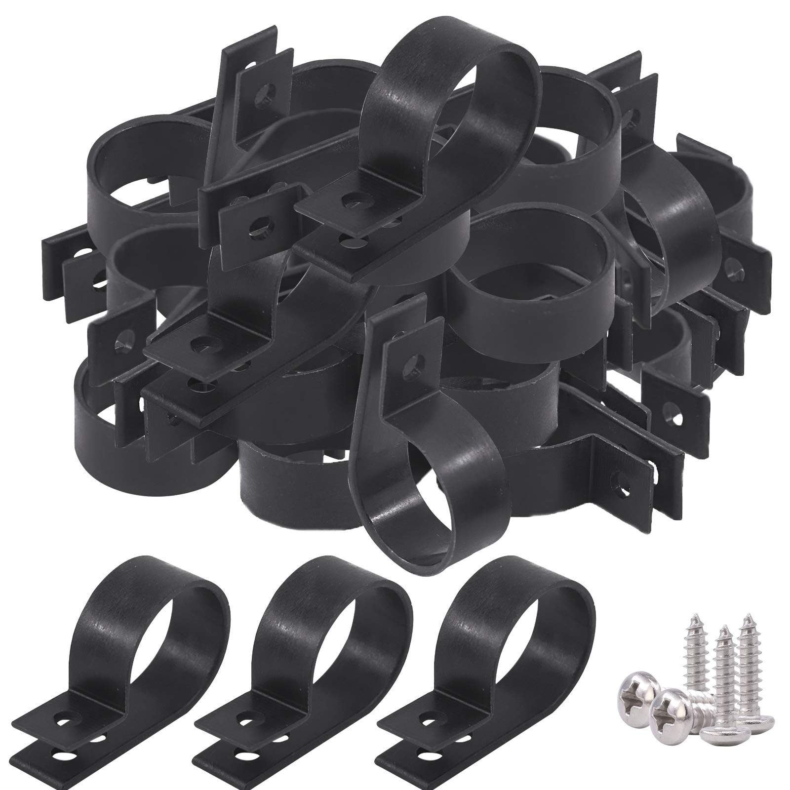 Glarks 60Pcs 1 Inch Black Nylon Screw Mounting R Type Cable Clip Wire Clamp With 60Pcs Screws For Wire, Cable, Conduit And Cable