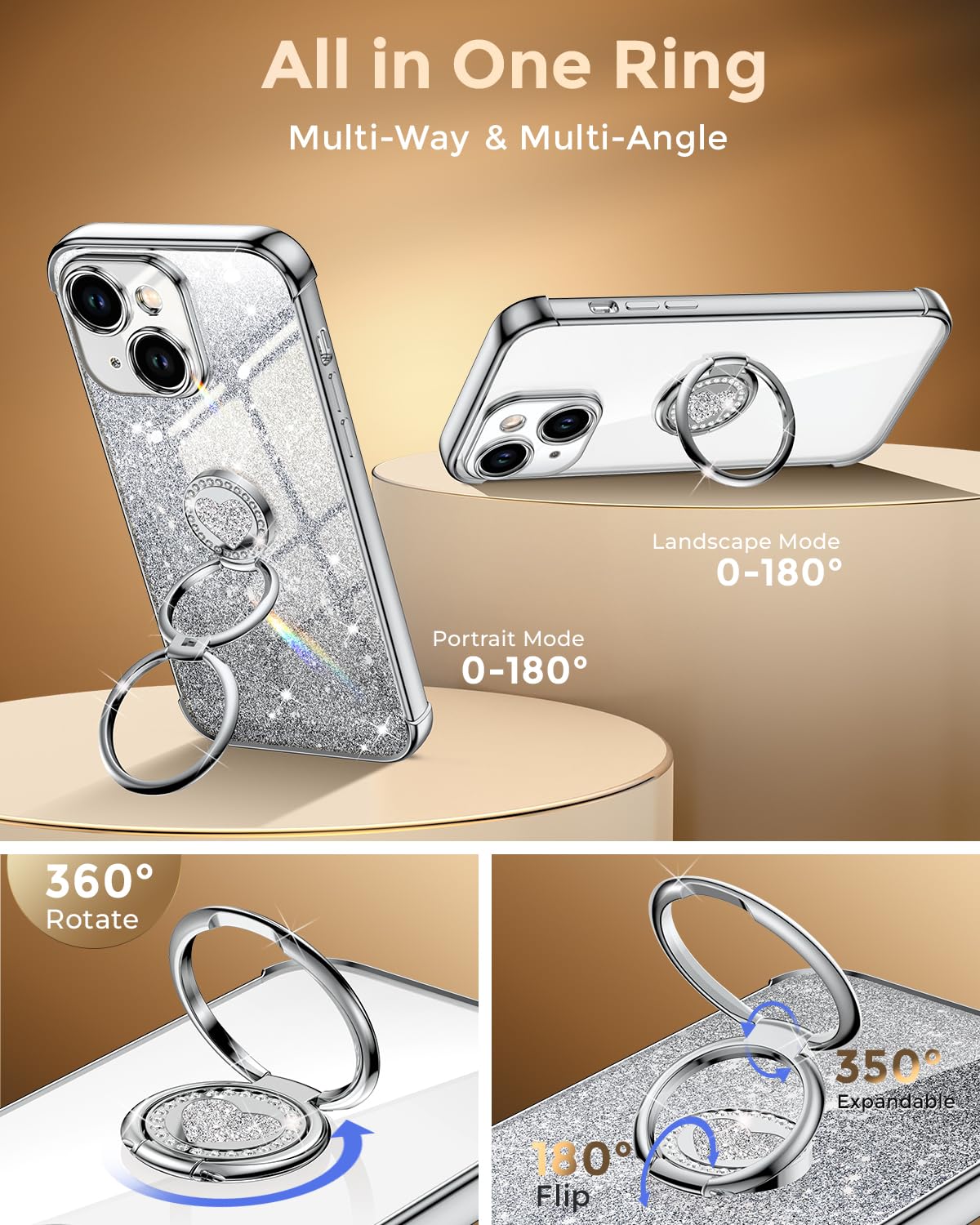 Xyz For Iphone 13 Case With Stand, Phone Case With Double Ring Kickstand, Women Girls Bling Luxury Glitter Clear Phone Case Cove