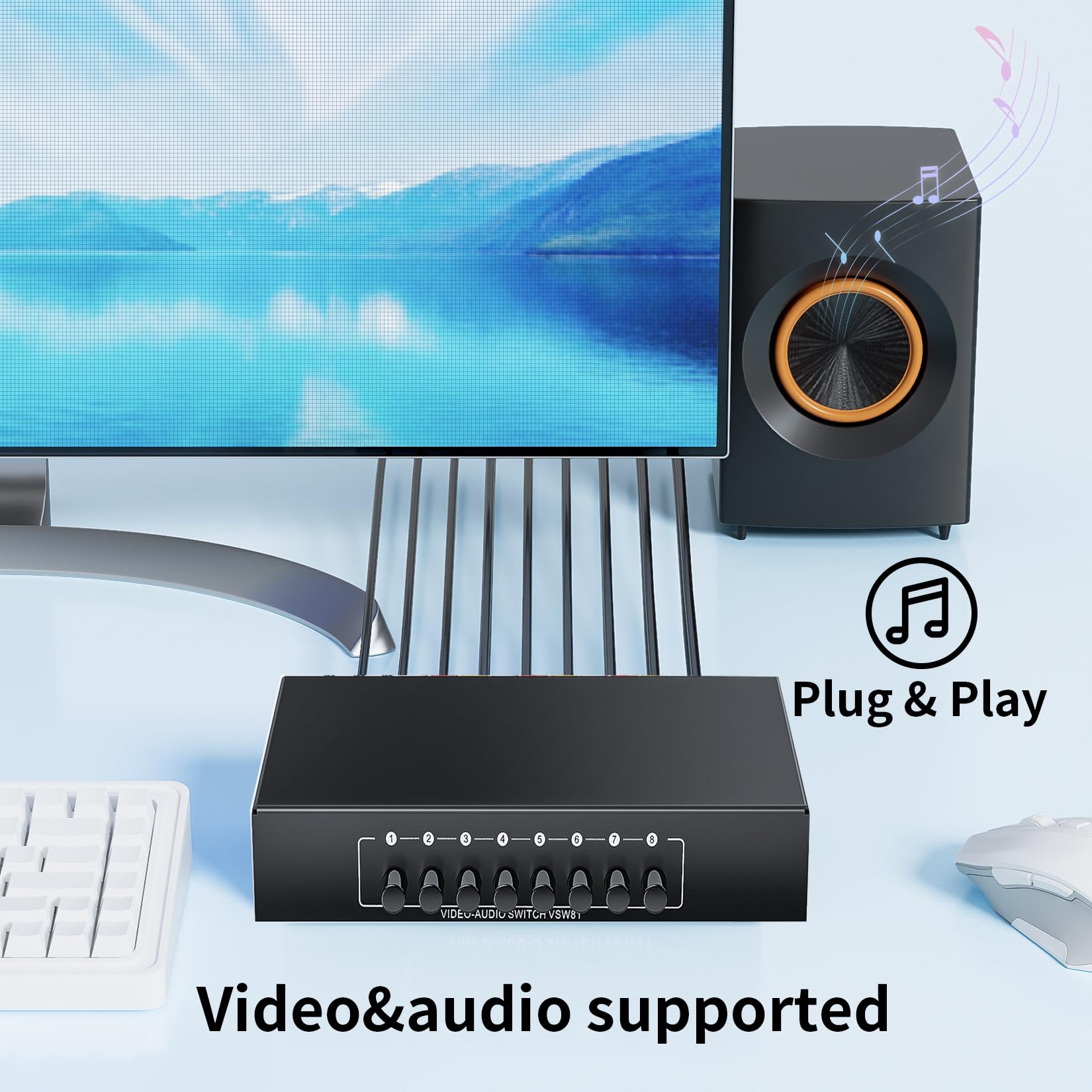 Rca Switch 8 In 1 Out Composite Video L/R Audio Selector Box 8X1, Bolaazul 8 Way Rca Switcher   8 Port Av Selector Switch   Plug