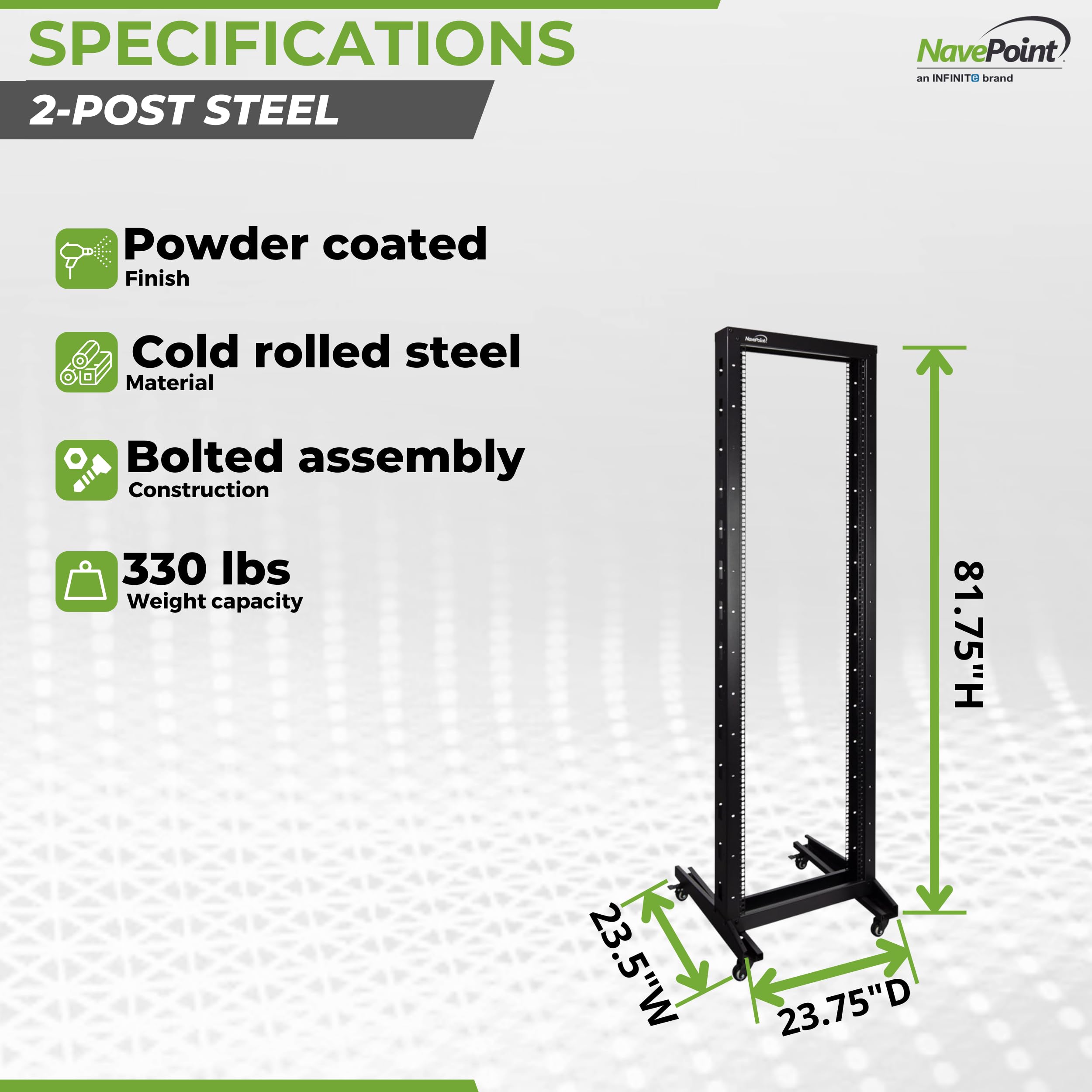 Navepoint 42U 2 Post Open Frame Server Rack With Casters For 19 Inch Equipment, Networking, And It Devices, 2 Post Rack 330Lbs W