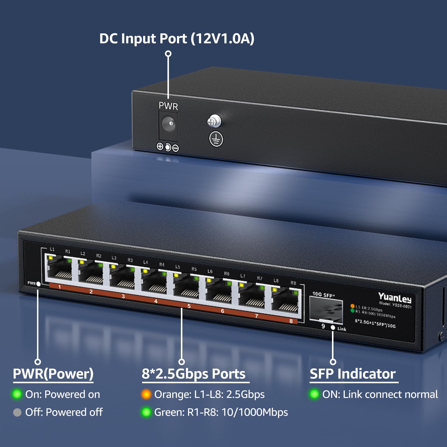 8 Port 2.5G Unmanaged Desktop Ethernet Switch With 10G Sfp, 8 X 2.5G Base T Ports, 60Gbps Switching Capacity, Compatible With 10