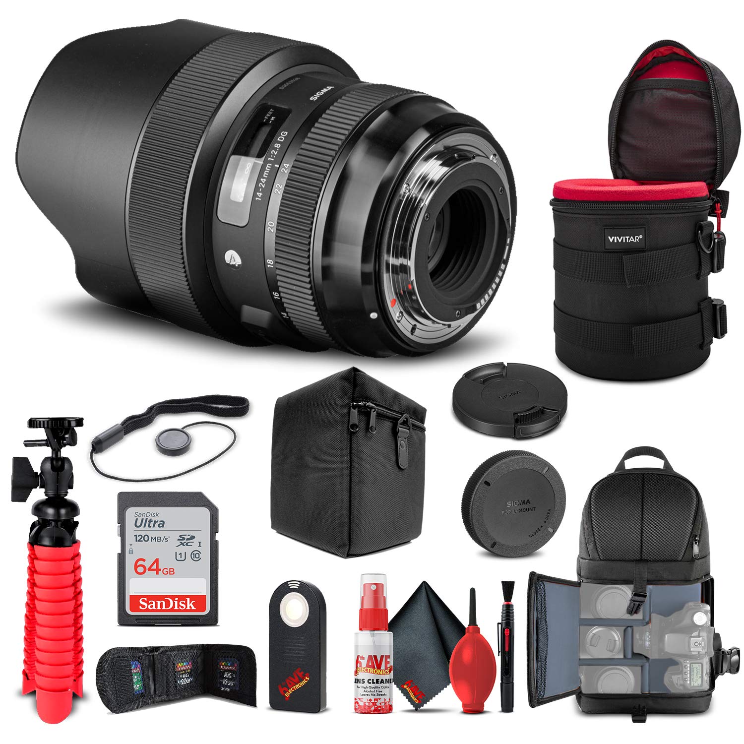 Sigma 14-24mm f/2.8 DG HSM Art Lens for Nikon F (212955) Bundle + Backpack + 64GB Card + Lens Case + Card Reader + Cleaning Set 