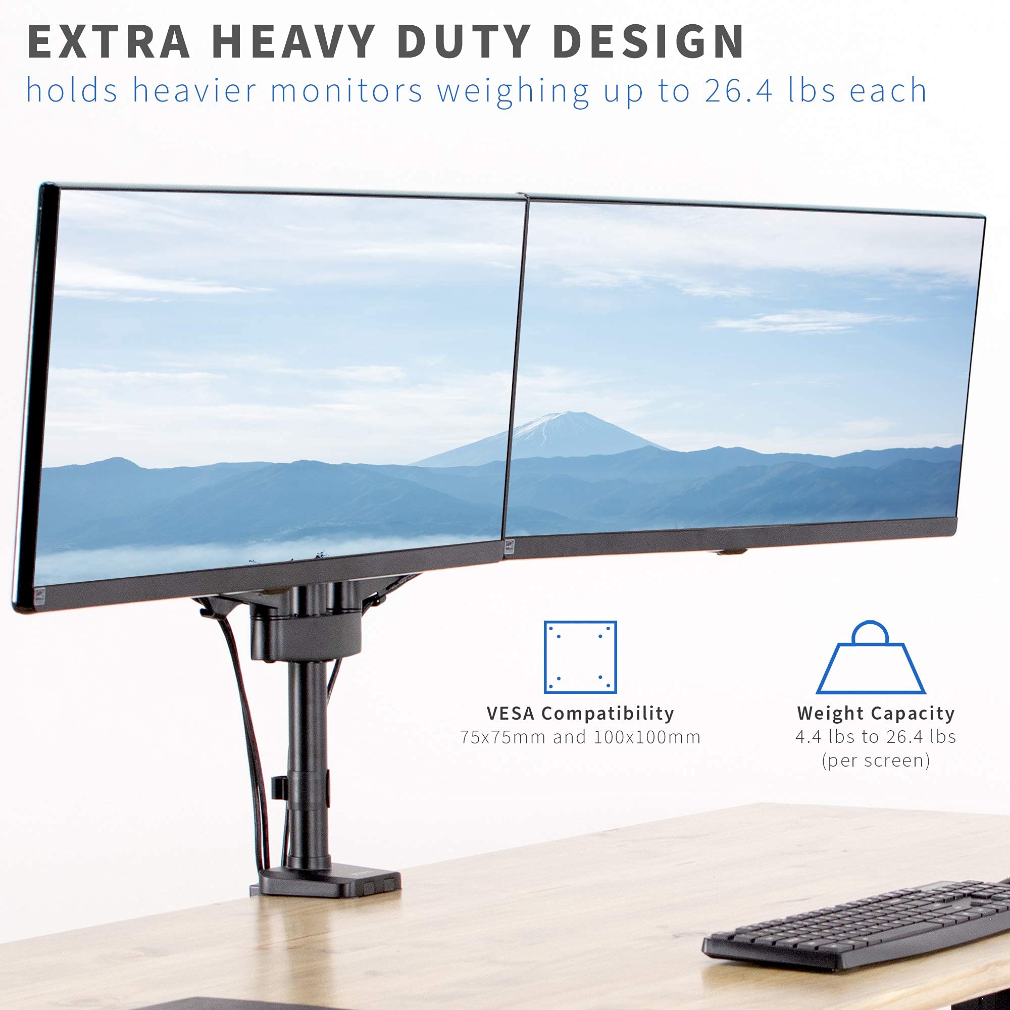 VIVO Heavy Duty Dual 17 to 32 inch Monitor Pneumatic Spring Arm Stand, Aluminum Clamp on Desk Mount, Fits 2 Screens, Max VESA 100x100, Black, STAND V200G