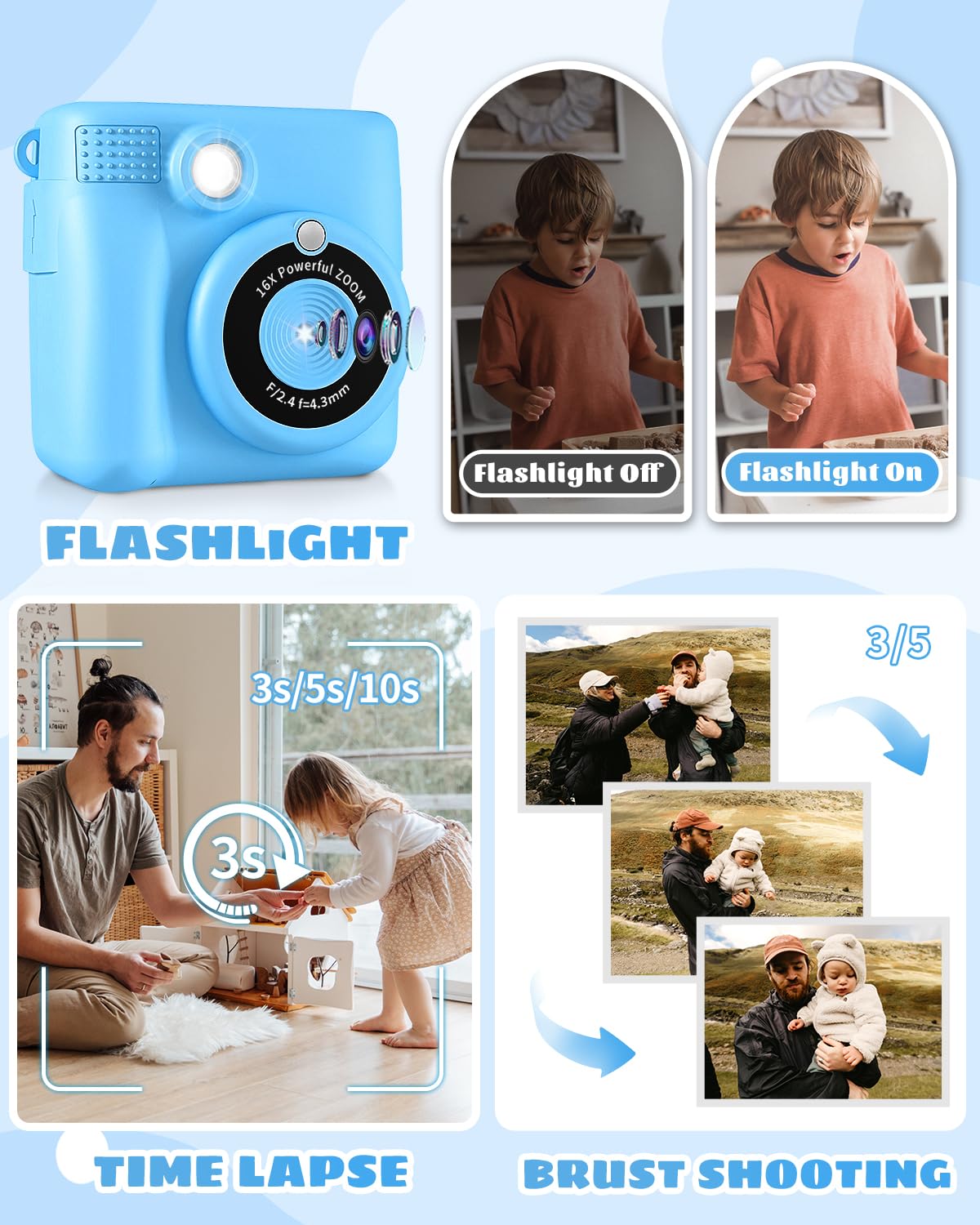 Weefun Kids Camera  Instant Print Camera 1080P 2.4 Inch Screen Digital Children Video Camcorder Camera With 16X Digital Zoom, 32