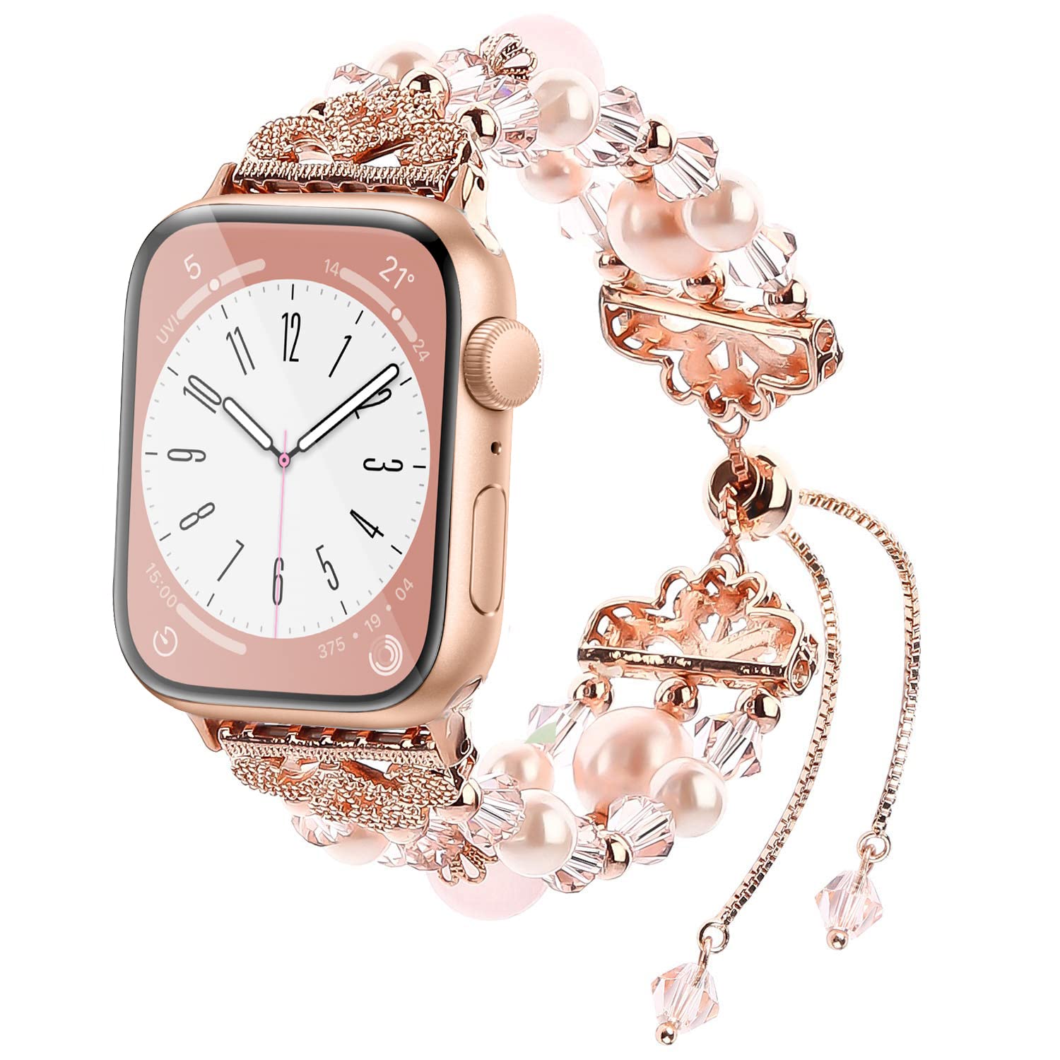 Fohuas Compatible Apple Watch Bracelet Band Beaded 42Mm 44Mm 45Mm 49Mm, Crystal Pearl Iwatch Band,Women Girl Adjustable Jewelry