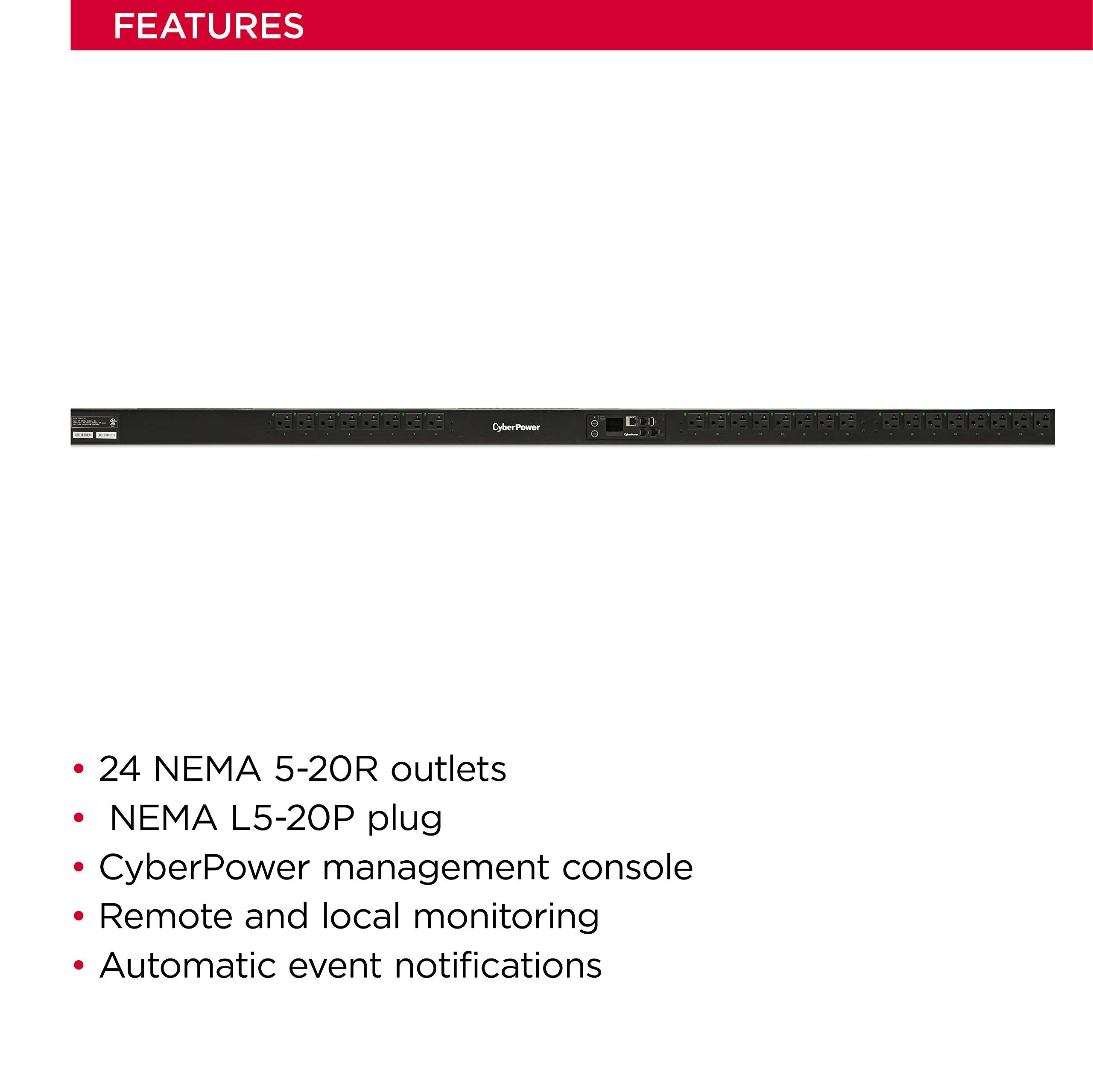 Cyberpower Pdu41101 Switched Pdu, 100-120V, 20A (Derated To 16A), 24 Outlets, 0U Rackmount