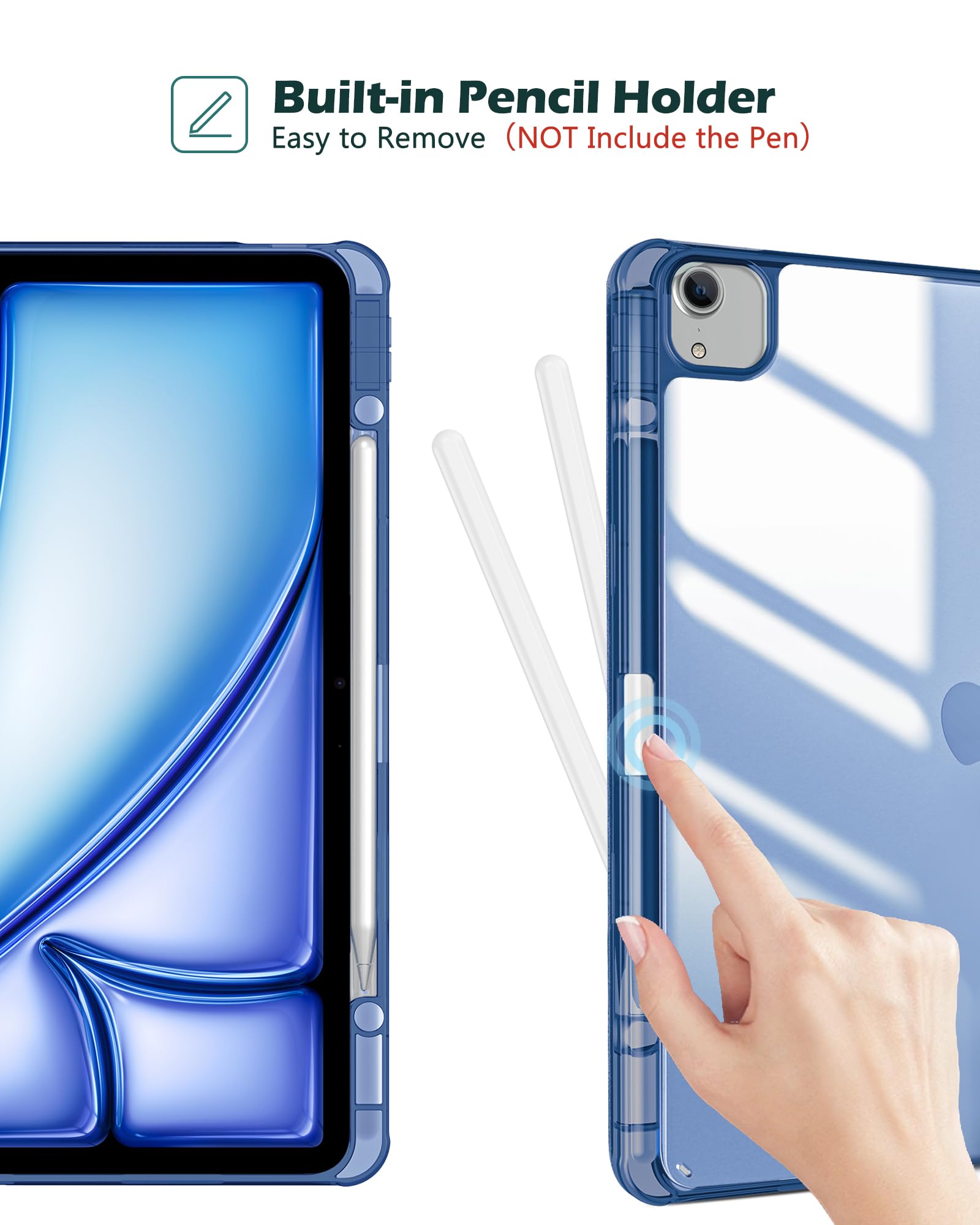 Procase For Ipad Air 13 Inch Case M3 2025/M2 2024 With Pencil Holder, Hybrid Smart Cover Ipad 13 Air M3 M2 Case With Clear Transparent Back, Supports Touch Id, Auto Wake/Sleep  Navy
