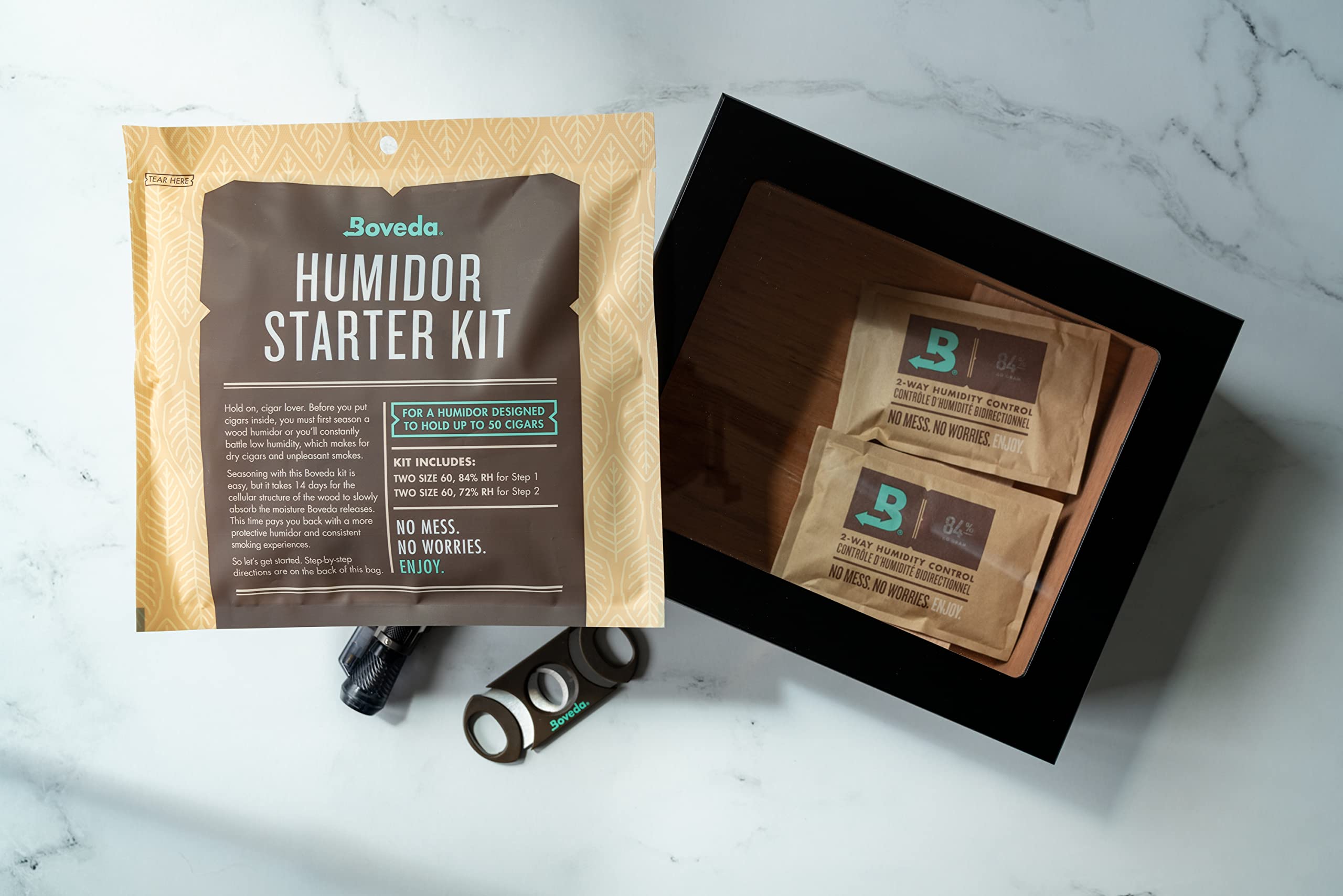 Boveda Starter Kit Bundle: Season A Wood Storage Box Plus Maintain Humidity With 2 Way Humidity Control | Includes (2) Each Size