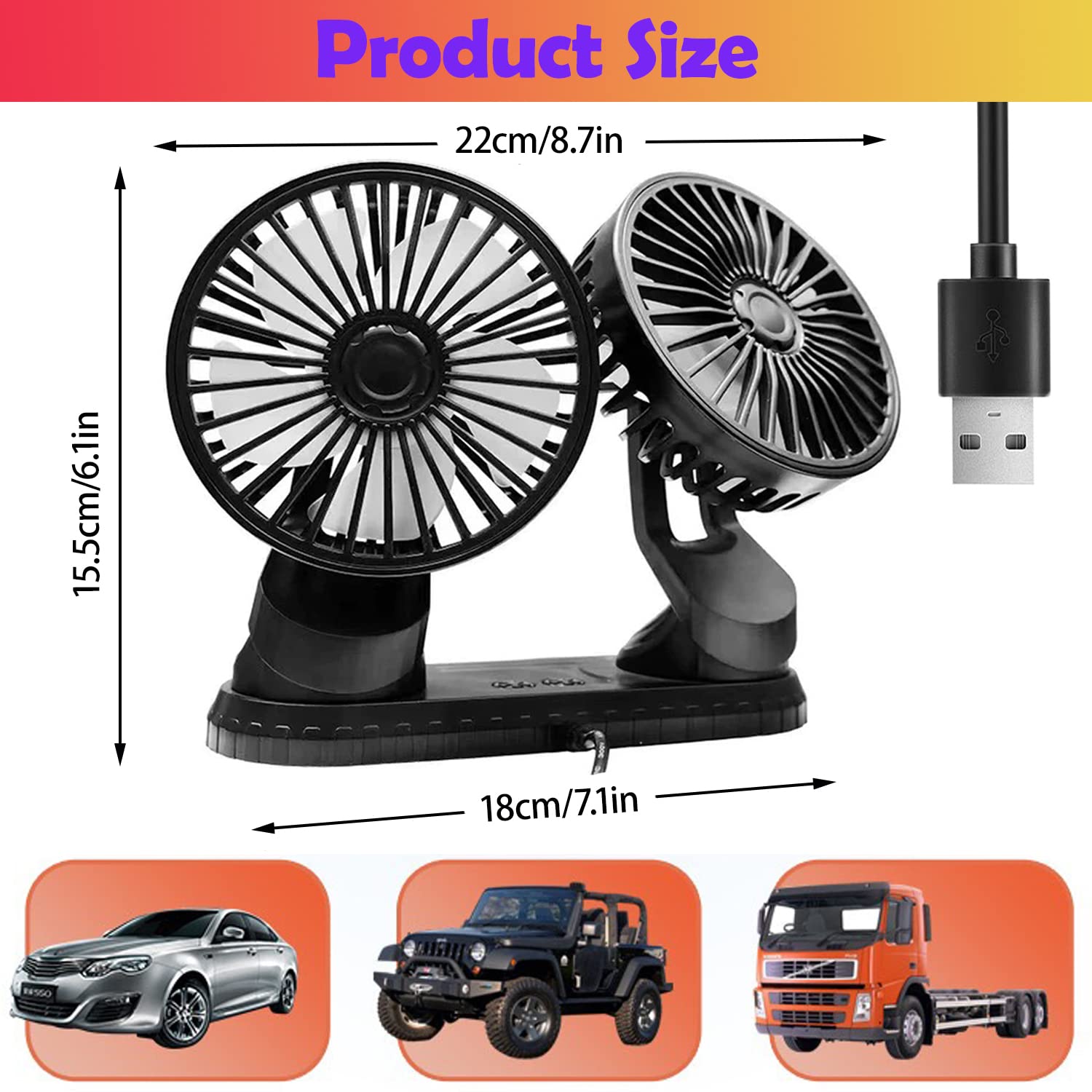 Kinowji Car Cooling Fan,360 Adjustable Dual Head Cooling Air Fan Usb Fan Vehicle Fan With Coloured Light Brushless Motor For Car