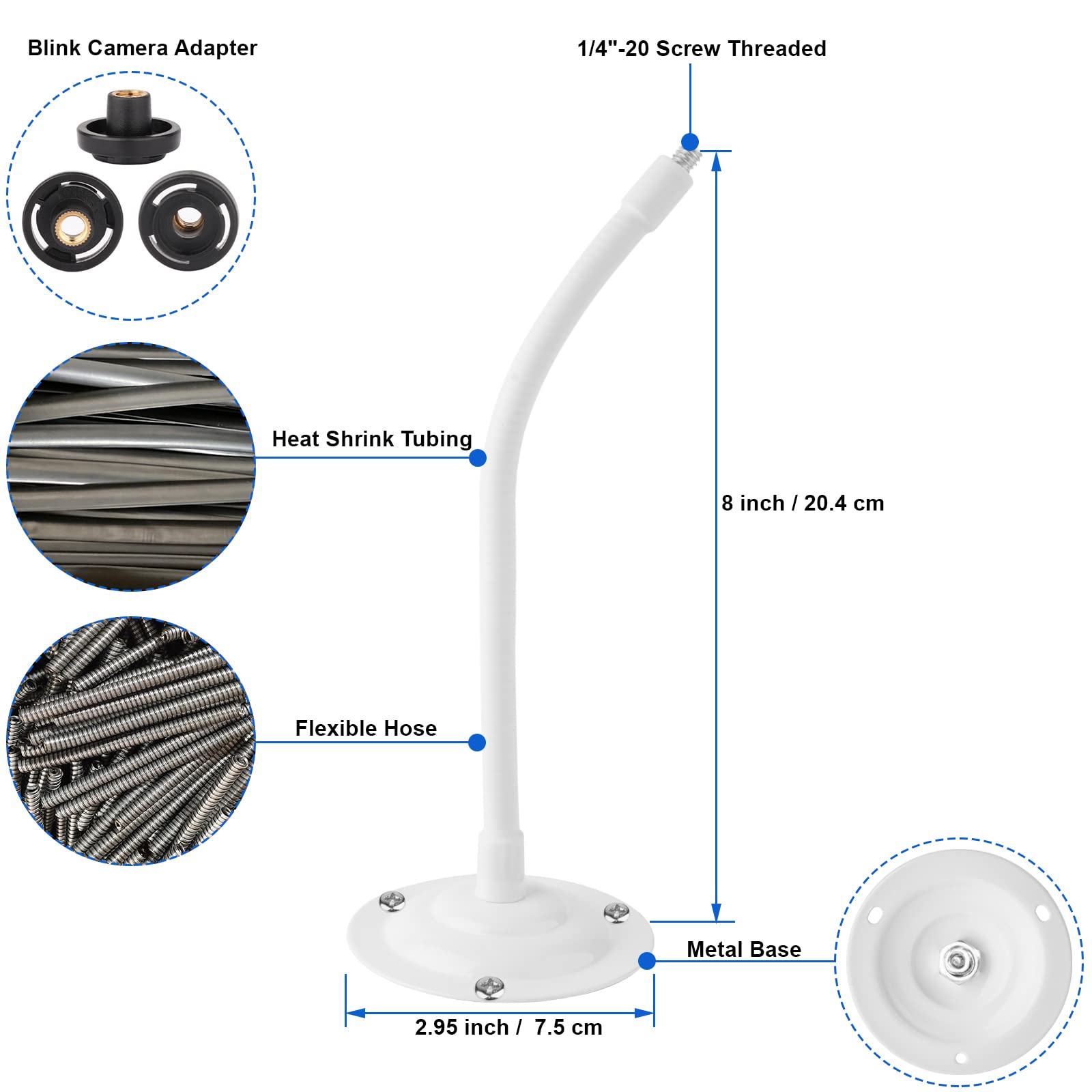 Mippko 2 Pack Camera Flexible Wall Mount Holder Compatible With Arlo/Blink/Reolink/Nest/Wyze/Simplisafe Camera,Adjustment 8 Inch Long Gooseneck Arm With Metal Base,1/4' 20 Threaded Screw,White