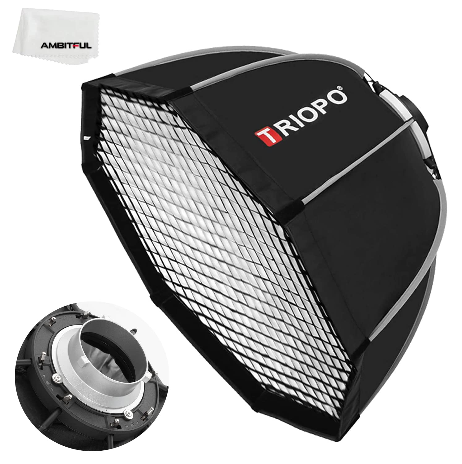 Ambitful 25.6Inch Portable Metal Octagon Softbox With Honeycomb Grid, Silver, Compatible With Bowens Mount Flash, Includes Softb