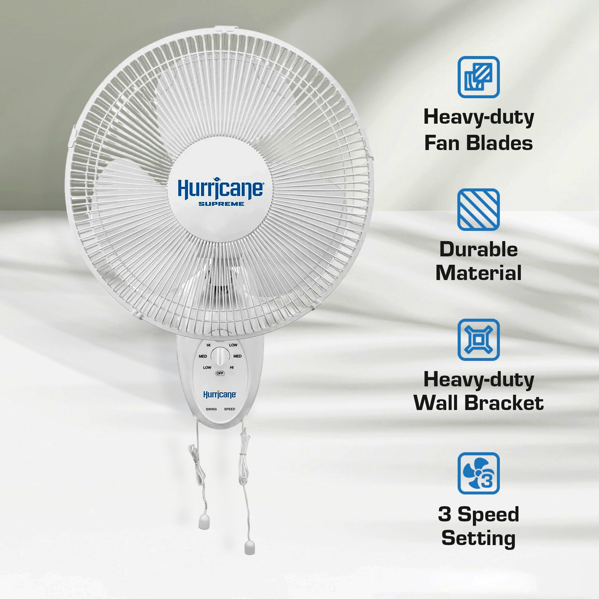 Hurricane Supreme 12    Portable Oscillating Wall Mount Fan, Space Saving, Powerful, Quiet 3 Speed Airflow, Adjustable Tilt For