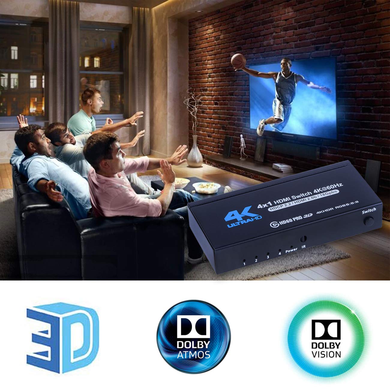 4K Hdmi Switch 4X1, 4K@60Hz 4 In 1 Out Hdmi Switcher Selector With Ir Remote Control, Supports Hdcp 2.2 4K@60Hz Ultrahd Hdr10 3D