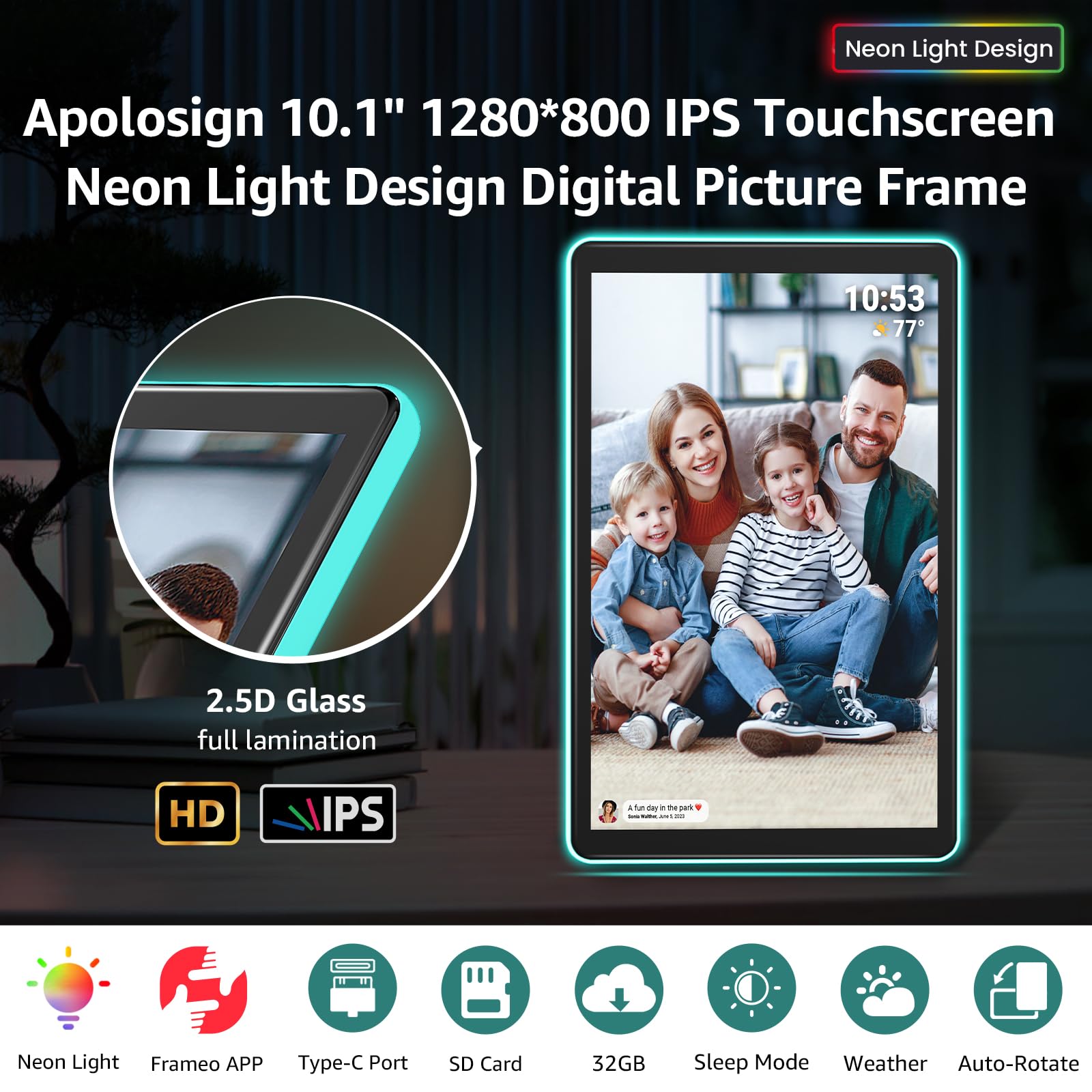 Apolosign Neon Light Digital Picture Frame, 10.1'' 1280 * 800 16:10 Ips Touchscreen, Frameo, Wifi, Sd Card, Led Auto Rotate Digi