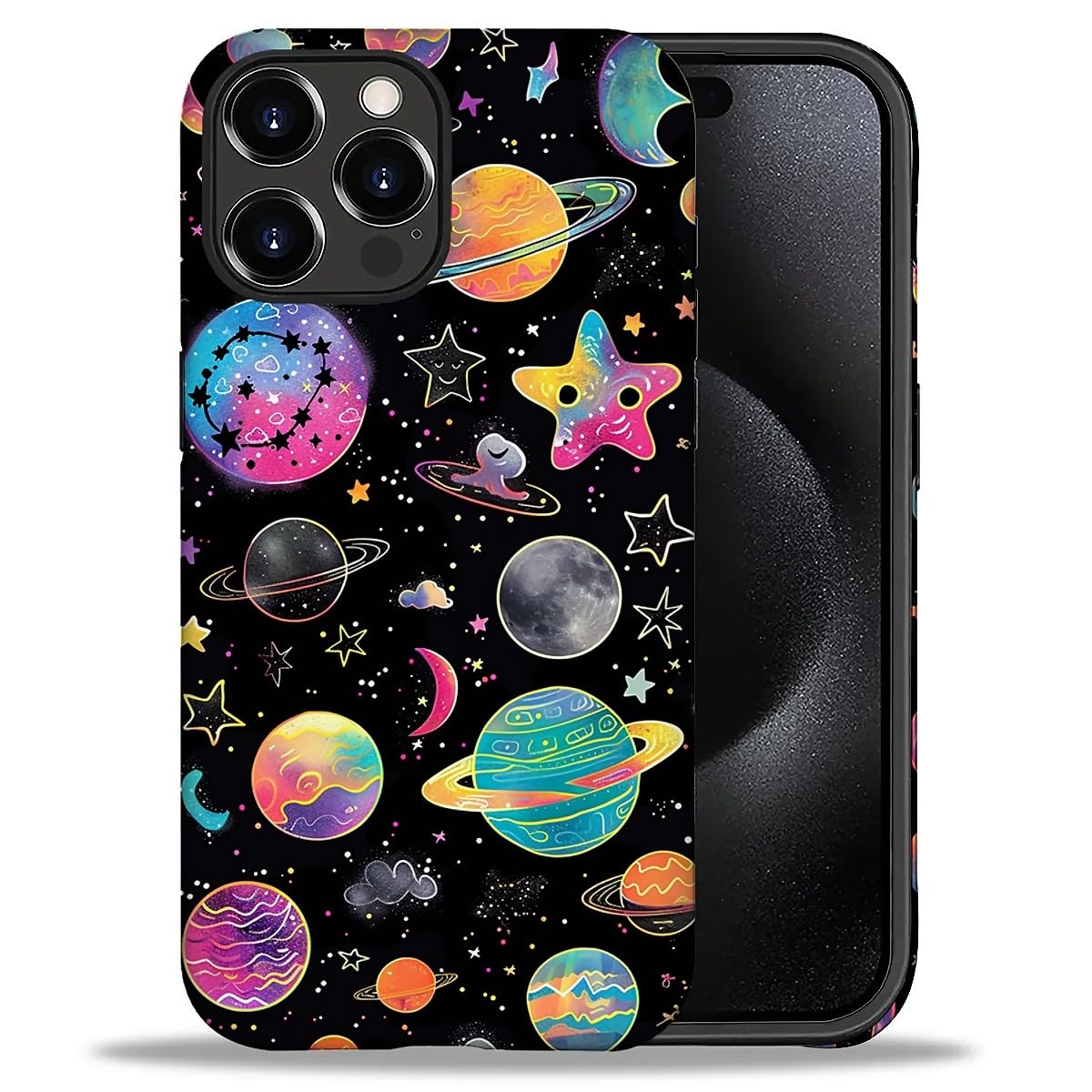 WANKBLC Compatible with iPhone 16 Pro Max Matte Case, Rainbow Planet Stars Space Pattern for Girl Full Body Design Soft Silicone