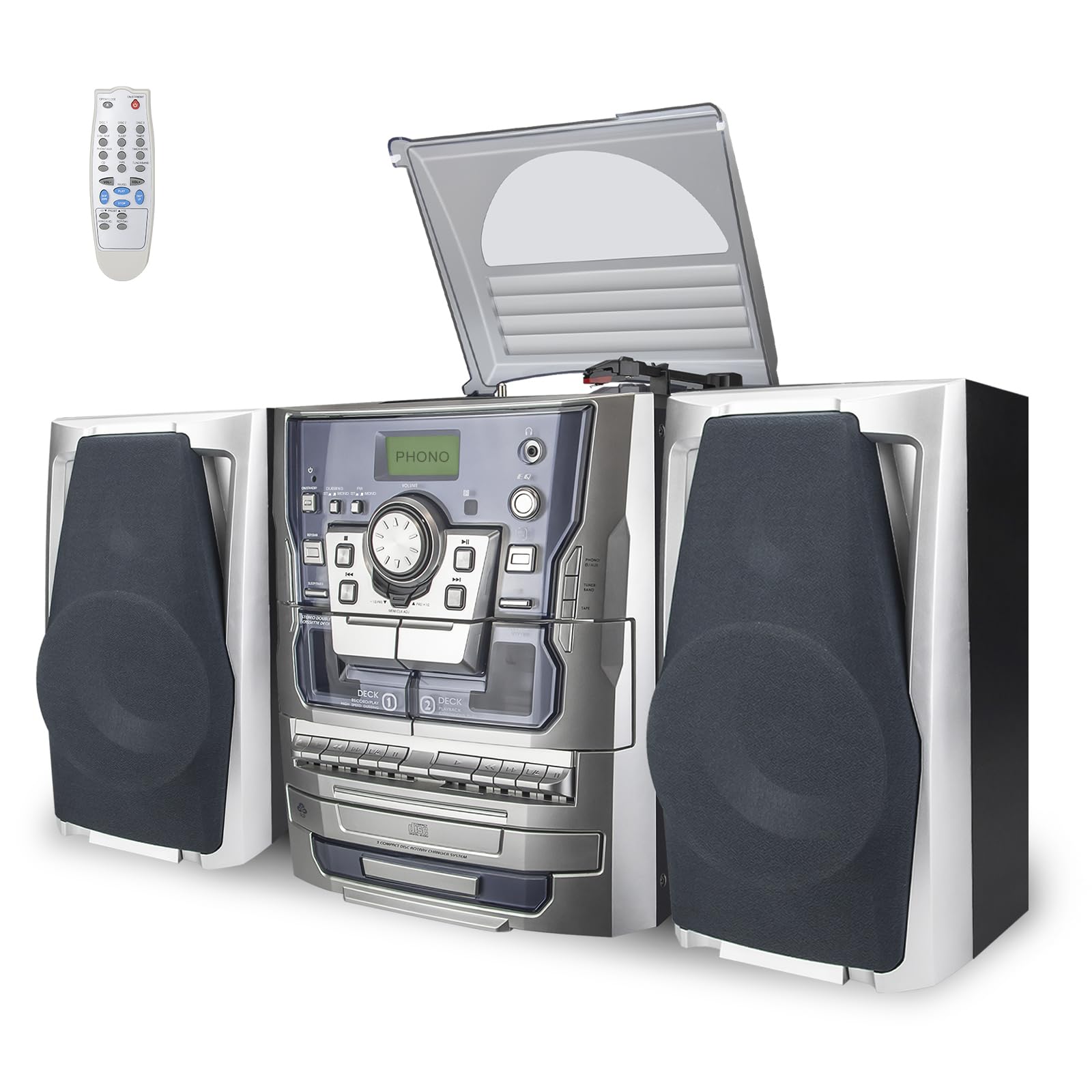 HONGUT Bluetooth Vinyl Stereo Record Player, 3-Speed Stereo Turntable CD Player Music System with Dual Cassette Deck, Digital Al