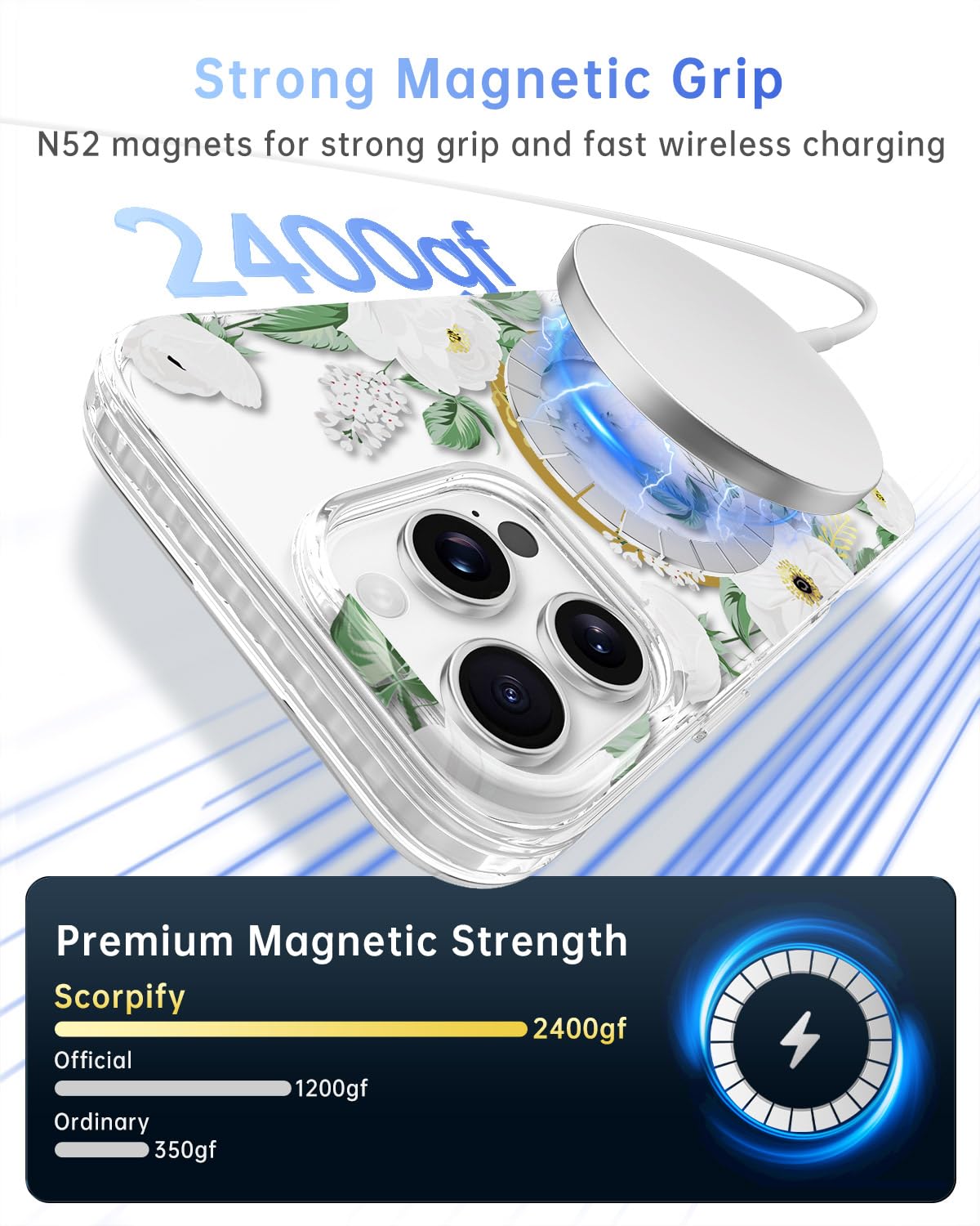 Scorpify For Iphone 16 Pro Max Case [Compatible With Magsafe] With White Rose Floral Design, Cute Clear Flower Magnetic Phone Co