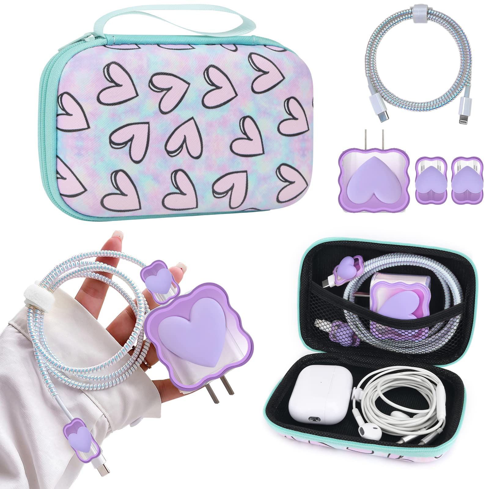 Phone Charger Storage Case Set With Purple 3D Love Heart Carrying Cover Bag Kawaii Cute Diy Cable Protector Charger Accessories
