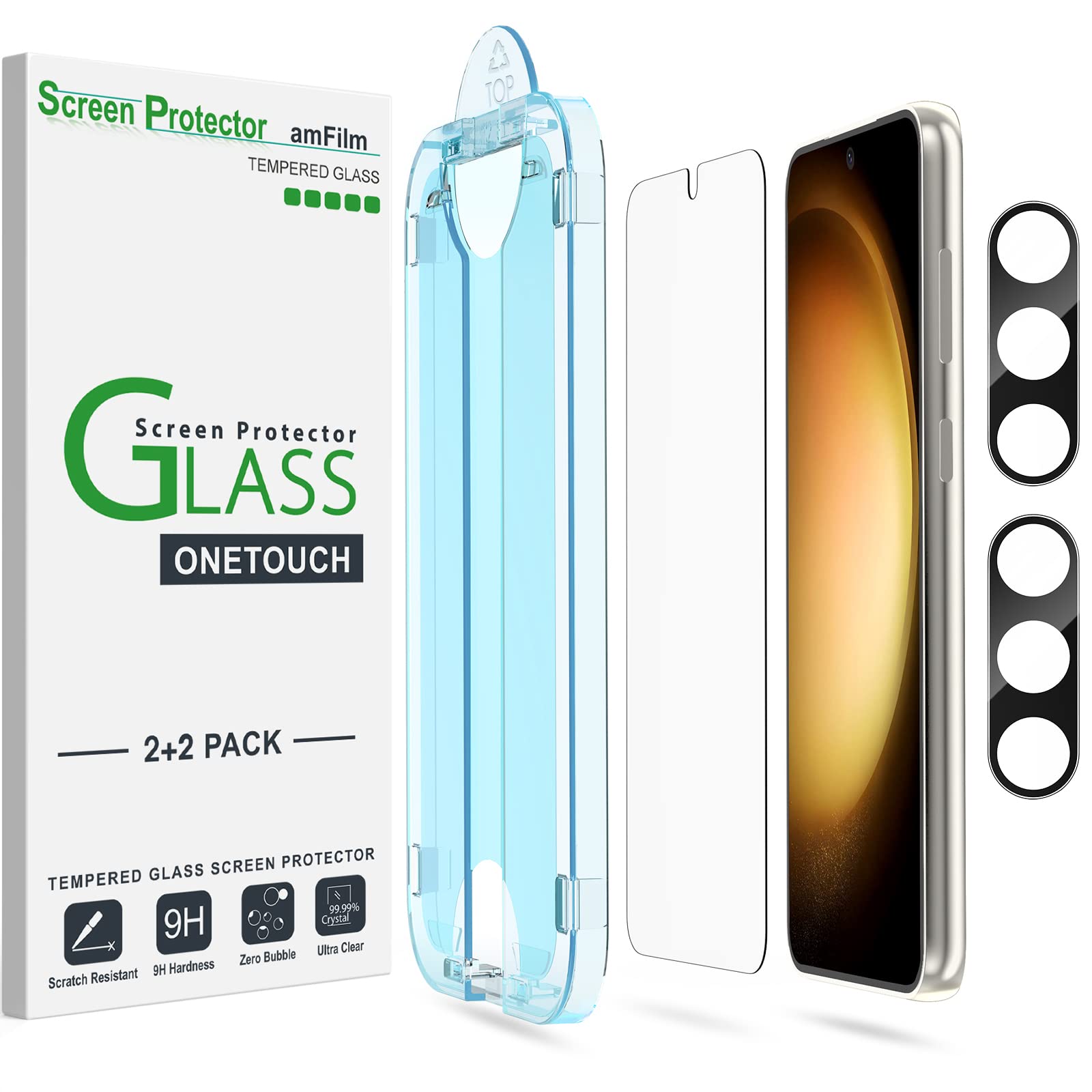 amFilm [2+2 Pack OneTouch Tempered Glass Screen Protector for Samsung Galaxy S23+/S23 Plus 6.6 Inch with Camera Lens Protector, 