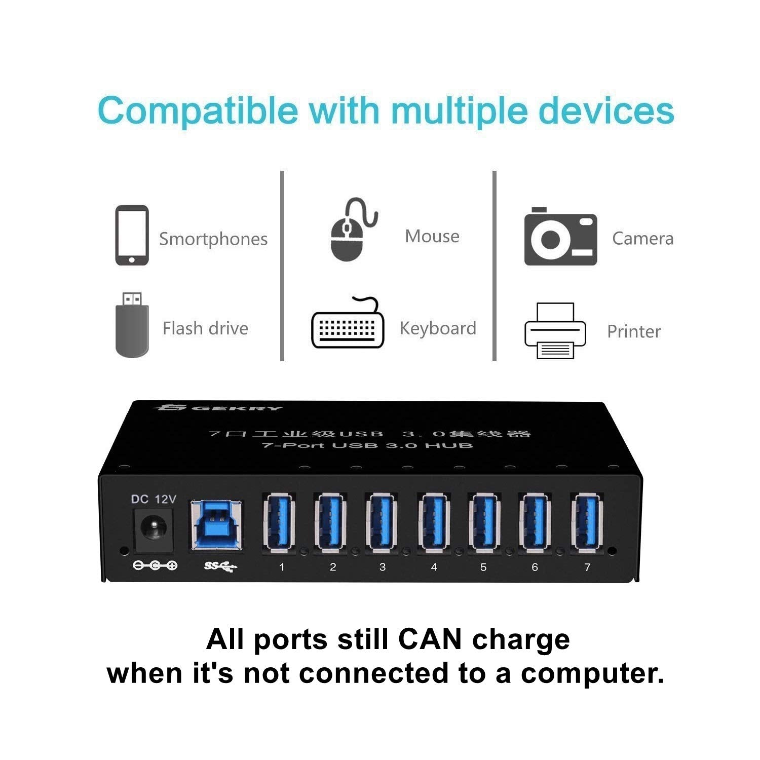 Gekry Usb 3.0 Hub, Usb Data Hub, Metal Case Mountable 7 Port Powered Usb Hub 3.0 With 36W Ac Adapter Type A