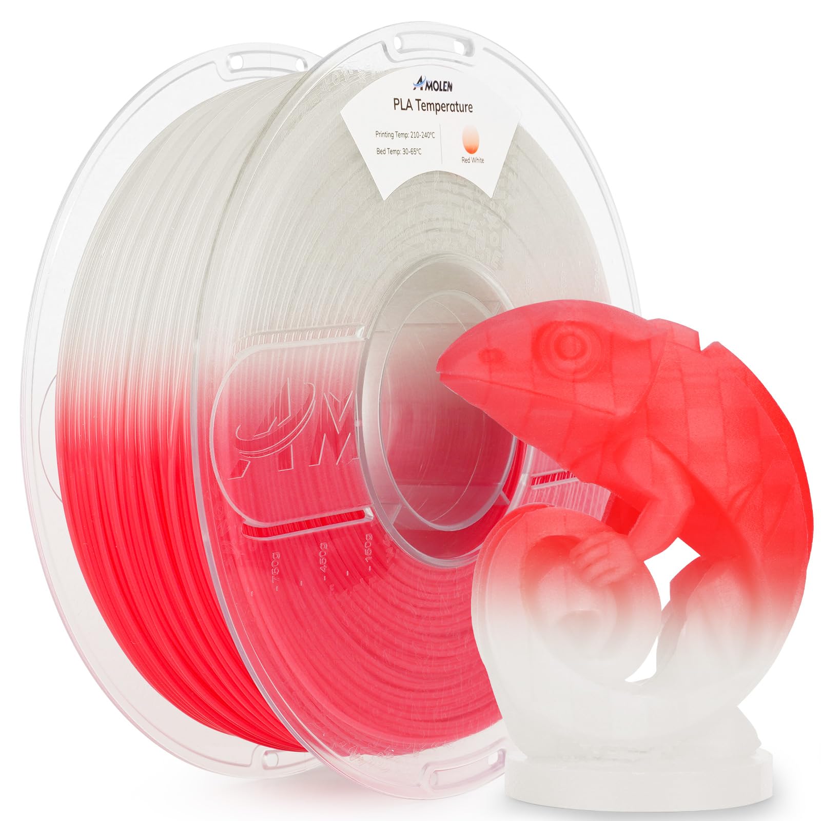 AMOLEN 3D Printer Filament, Temp Change Red to White PLA Filament 1.75mm, Cold & Heat Temp Color Change with Temperature Filamen