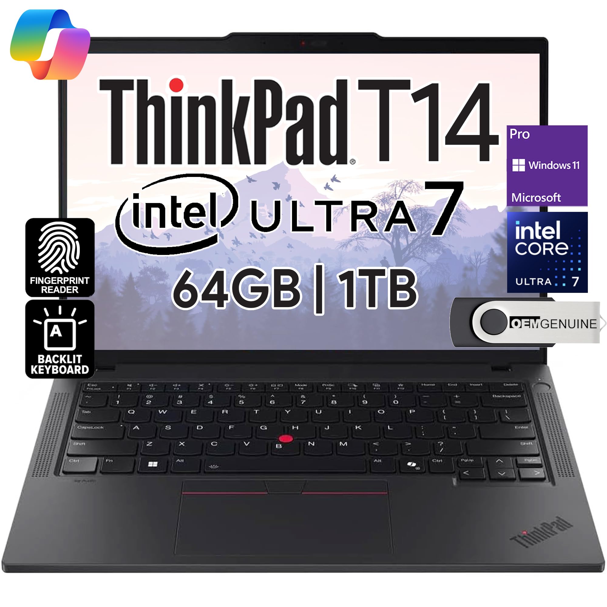 Lenovo Thinkpad T14 Business Laptop (14'' Fhd+ Ips, Intel Ultra 7 155U, 64Gb Ddr5 Ram, 1Tb Ssd), 5Mp Webcam, 2 Thunderbolt 4, 20