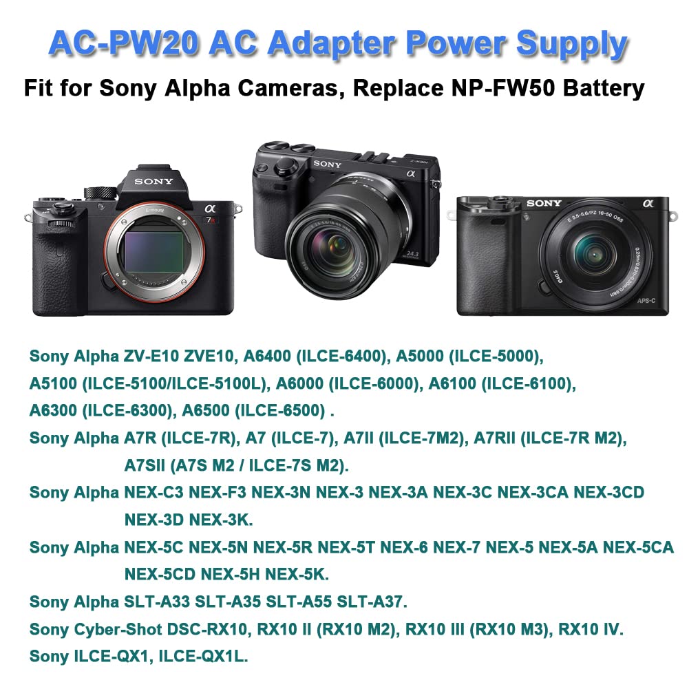 Tkdy Ac Pw20 Power Adapter Np Fw50 Dummy Battery For Sony Zv E10 Dummy Battery For Sony Alpha Zv E10 Zve10 A6400 A6000 A6100 A5100 A7 A7Ii Cameras Continuous Power Supply.