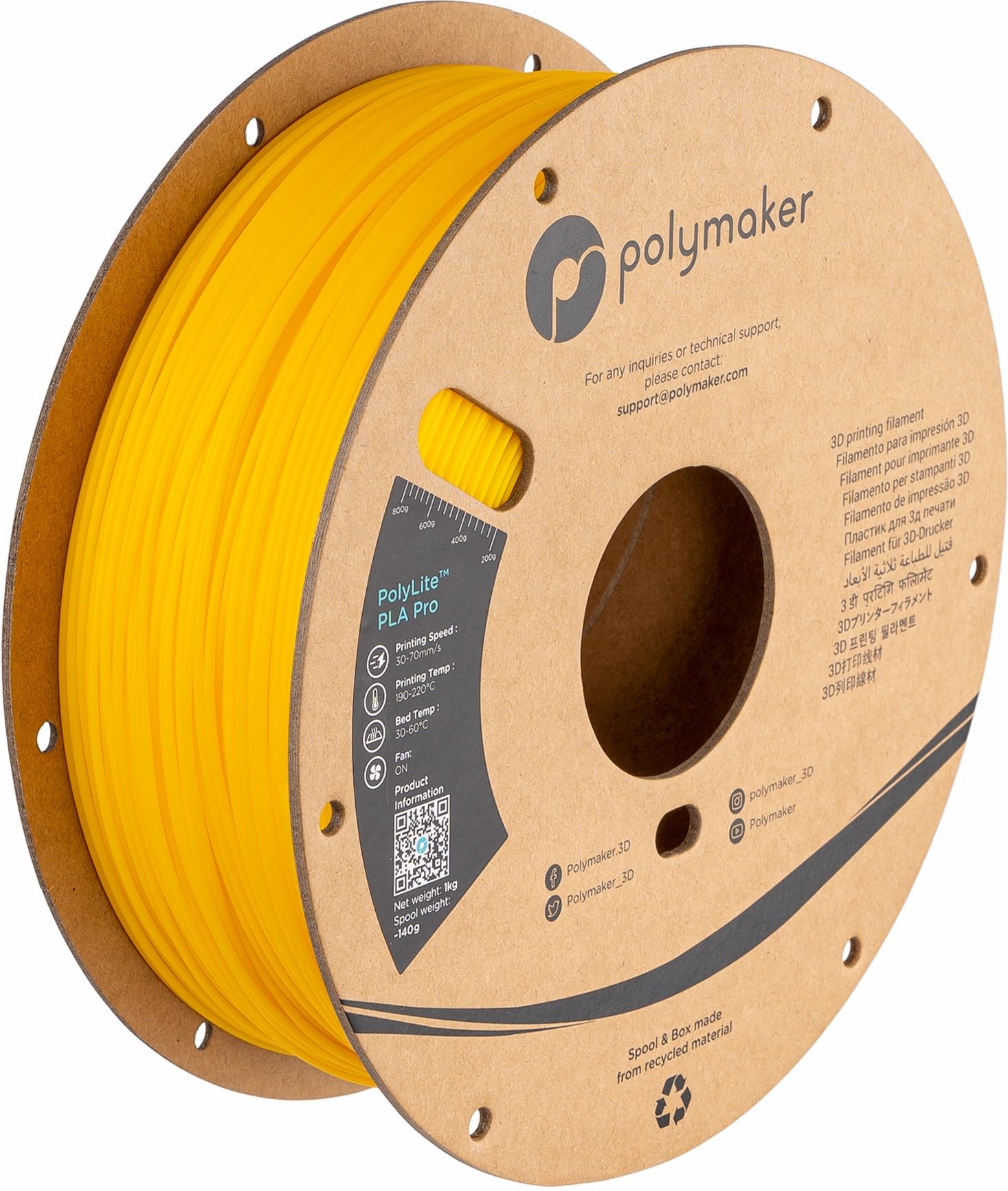 Polymaker PLA PRO Filament 1.75mm 1kg, Tough & High Rigidity Yellow 3D Printing Filament, PolyLite PLA PRO 3D Printer Filament 1