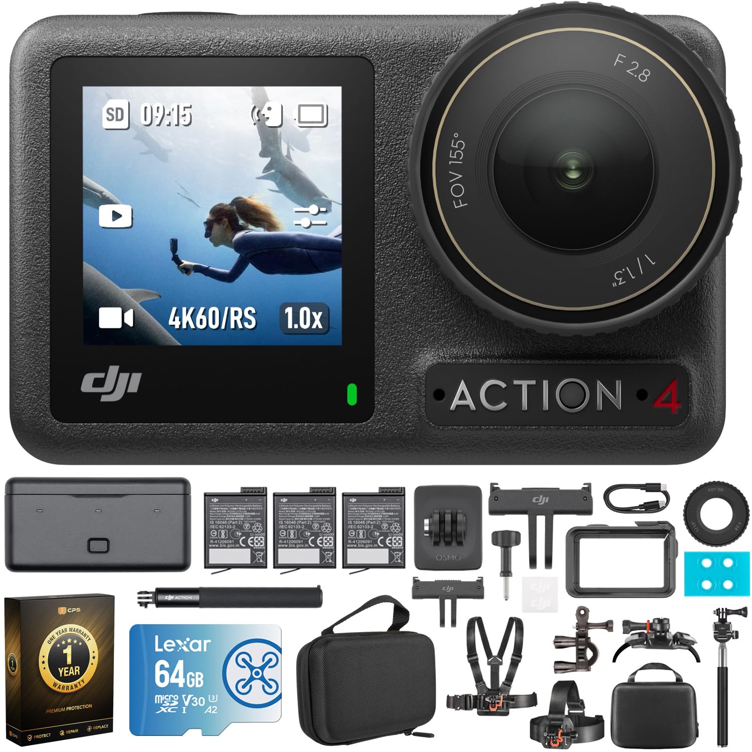 DJI Osmo Action 4 Adventure Combo  4K Waterproof Action Camera with Battery Case Bundle with Lexar 64GB Memory Card, Protective