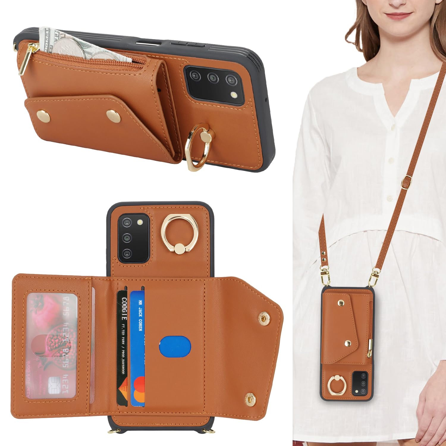 Lipvina for Samsung Galaxy A03s 5G Case with Card Holder and Strap - Zipper Pocket,Crossbody Lanyard Strap,Credit Card Holder,St