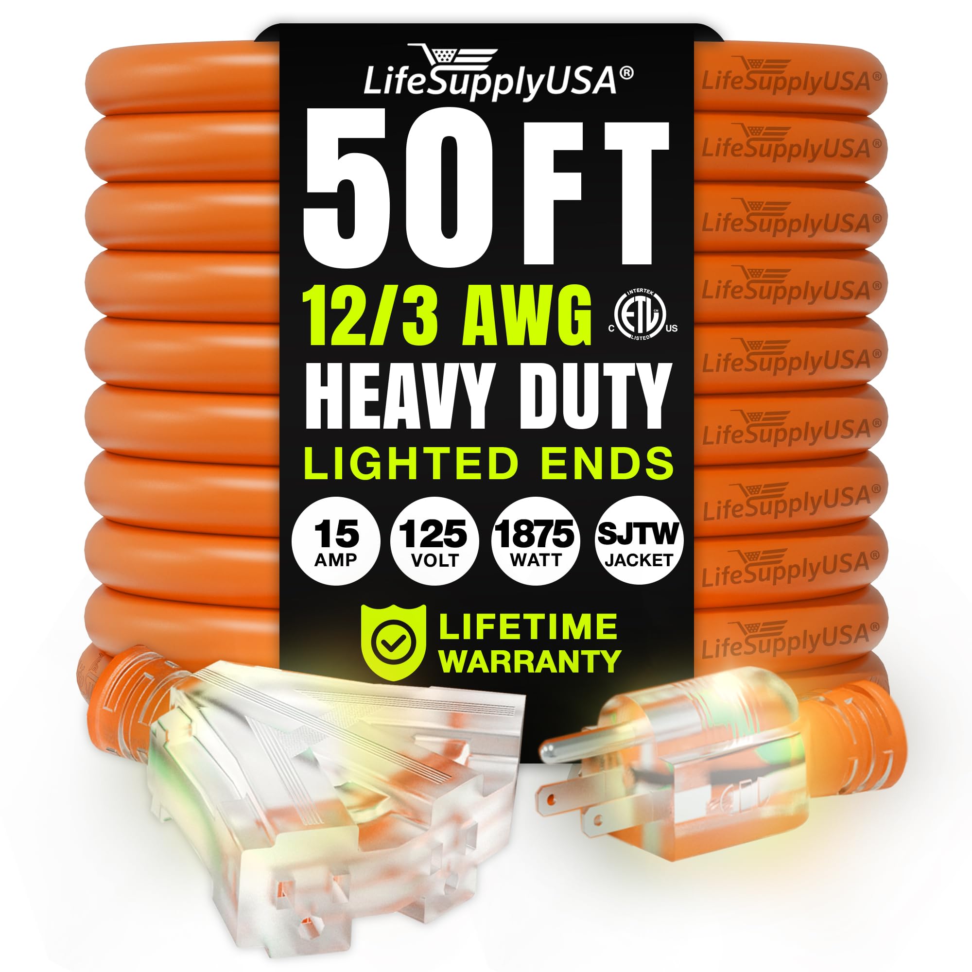 50Ft Power Outdoor Extension Cord & Indoor   Waterproof Electric Drop Cord Cable   3 Prong, 3 Outlet, Sjtw, 12 Gauge, 15 Amp, 12