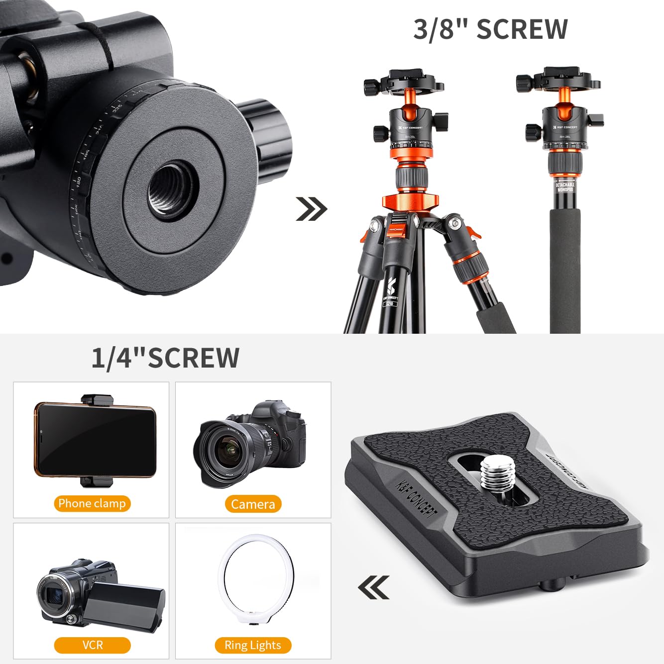 K&F Concept Professional 28Mm Metal Tripod Ball Head 360 Degree Rotating Panoramic With 1/4 Inch Quick Release Plate Bubble Level For Tripod Monopod Slider Camera Camcorder Up To 22 Pounds