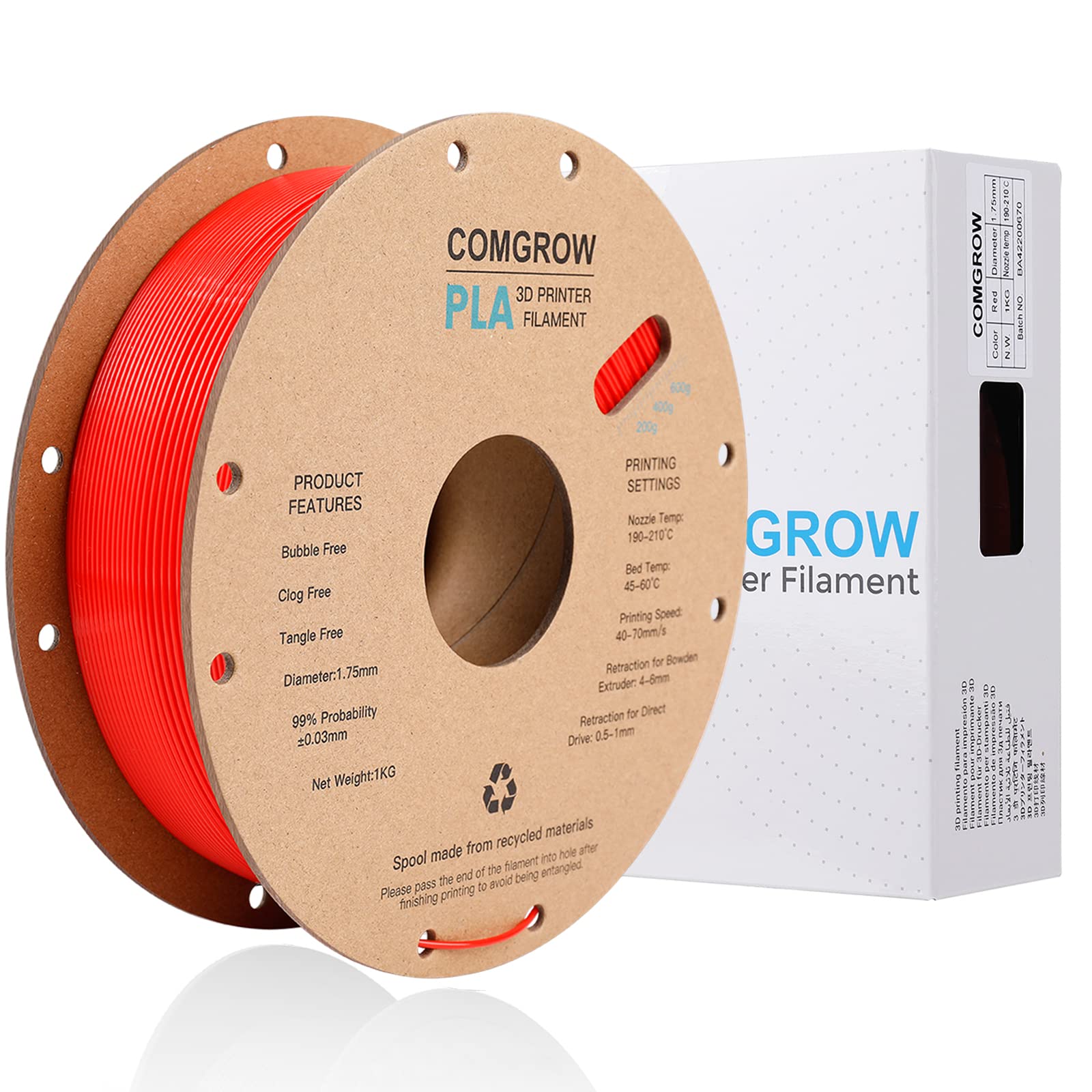 Comgrow Pla 3D Printer Filament, 3D Printer Pla Filament 1.75Mm, Dimensional Accuracy +/  0.02 Mm, 1Kg Spool Pla Red