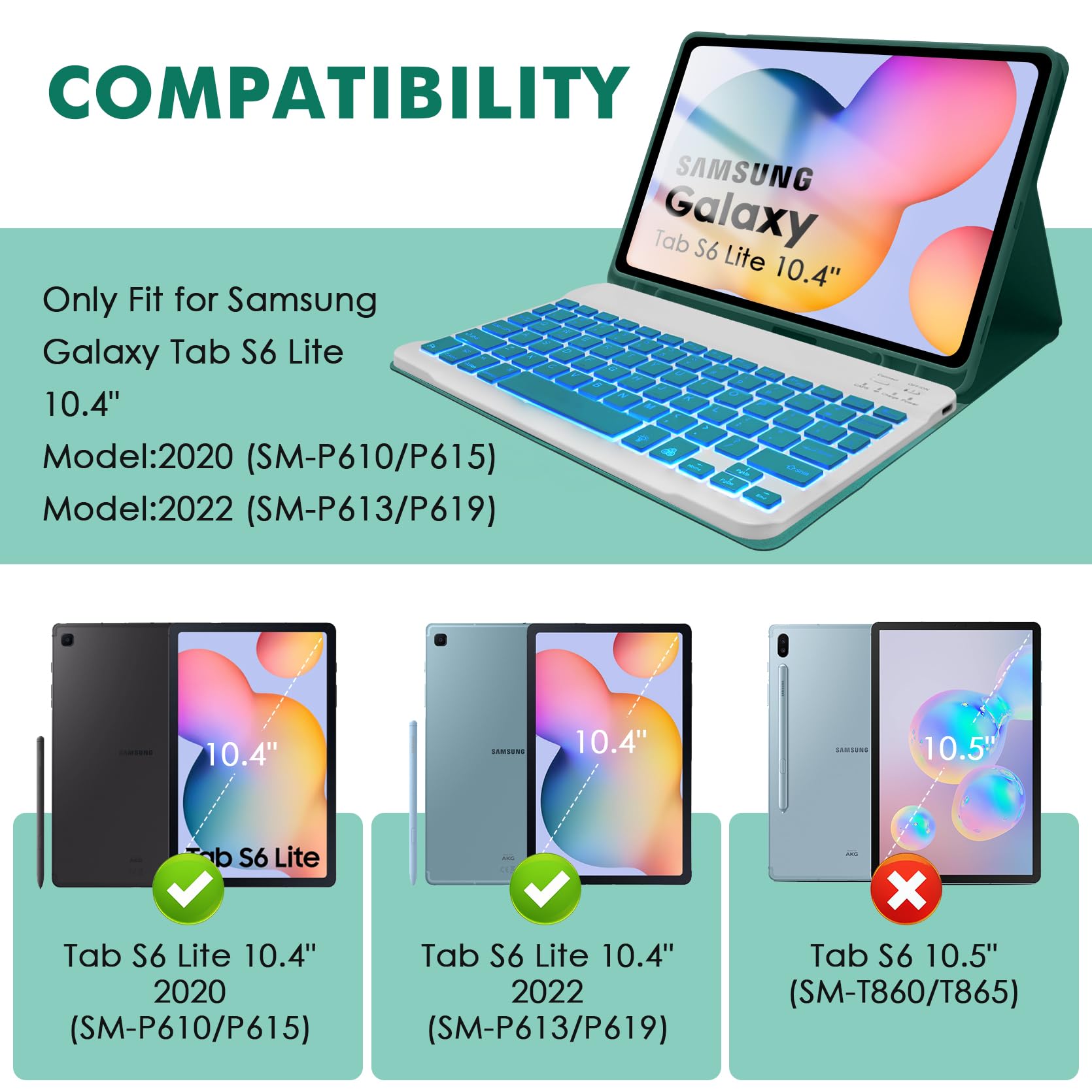 Soppy 7 Colors Backlit Samsung Galaxy Tab S6 Lite Case With Keyboard For 10.4 Inch 2022/2020(Sm P610/P613/P615/P619), Rechargeab
