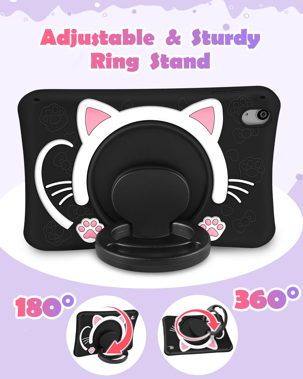Wazzasoft For Ipad 10Th Generation Case 10.9 Inch Girls Cute Black Cat Cover Girly Kawaii 3D Cartoon Women Kitten With Rotating